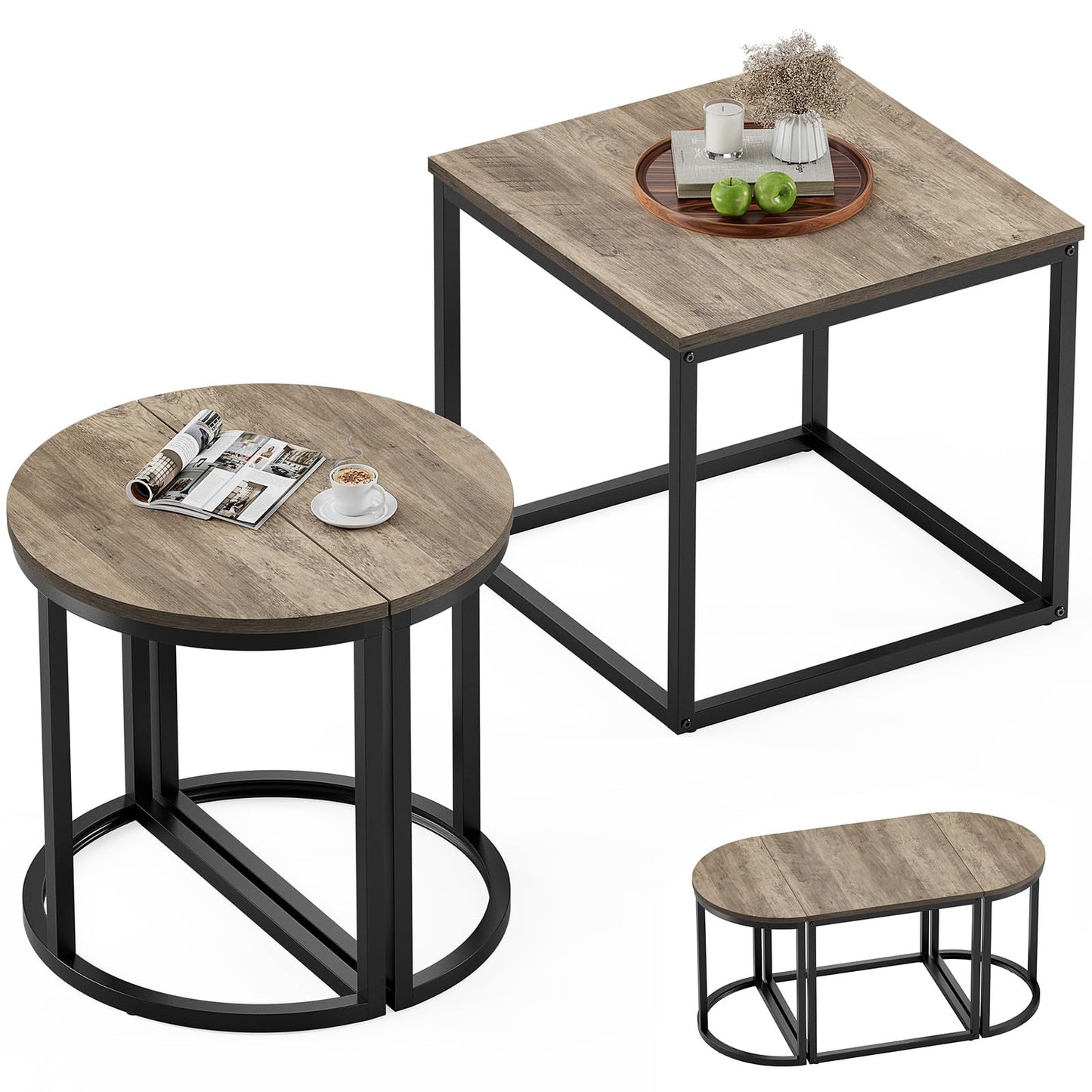 GreenForest Coffee Table Oval 3pcs Set, Modern Living Room Table with 2 End Tables, Small Center Table with Metal Frame for Home Apartment, Gray Wash