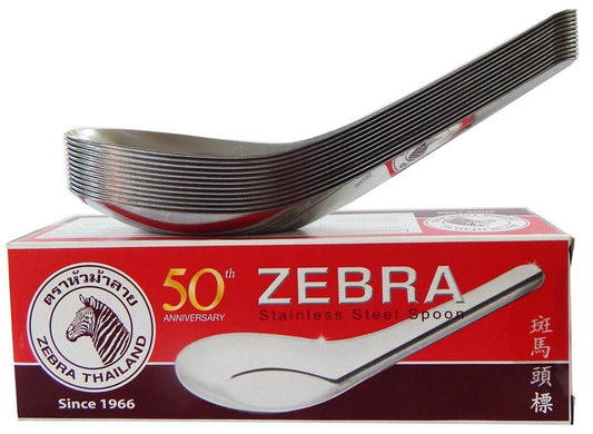 Zebra Thai Chinese Asian Stainless Steel Rice Soup Spoon (12 Pack), Silver