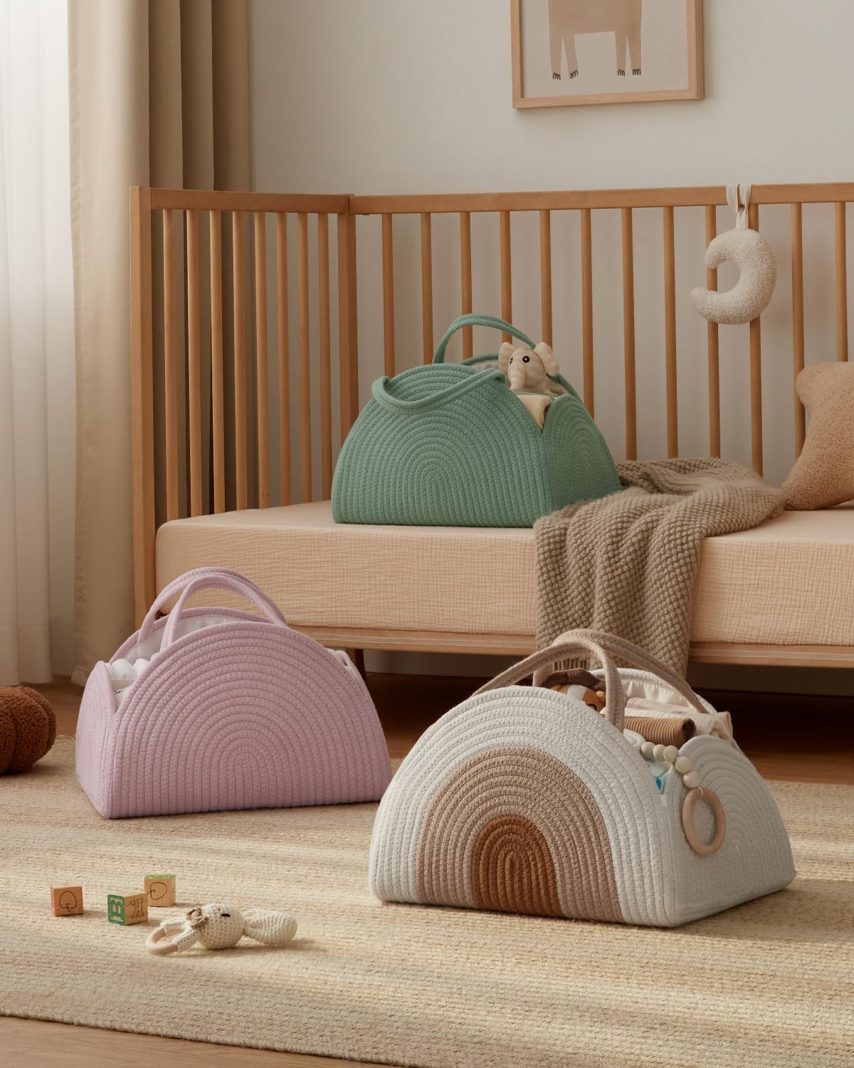 Blissful Diary Baby Diaper Caddy Organizer, Cotton Rope Diaper Caddy Basket, Large Storage Basket for Newborn Boys and Girls, Gift for Baby Shower List, Newborn Essentials, Earthy Rainbow