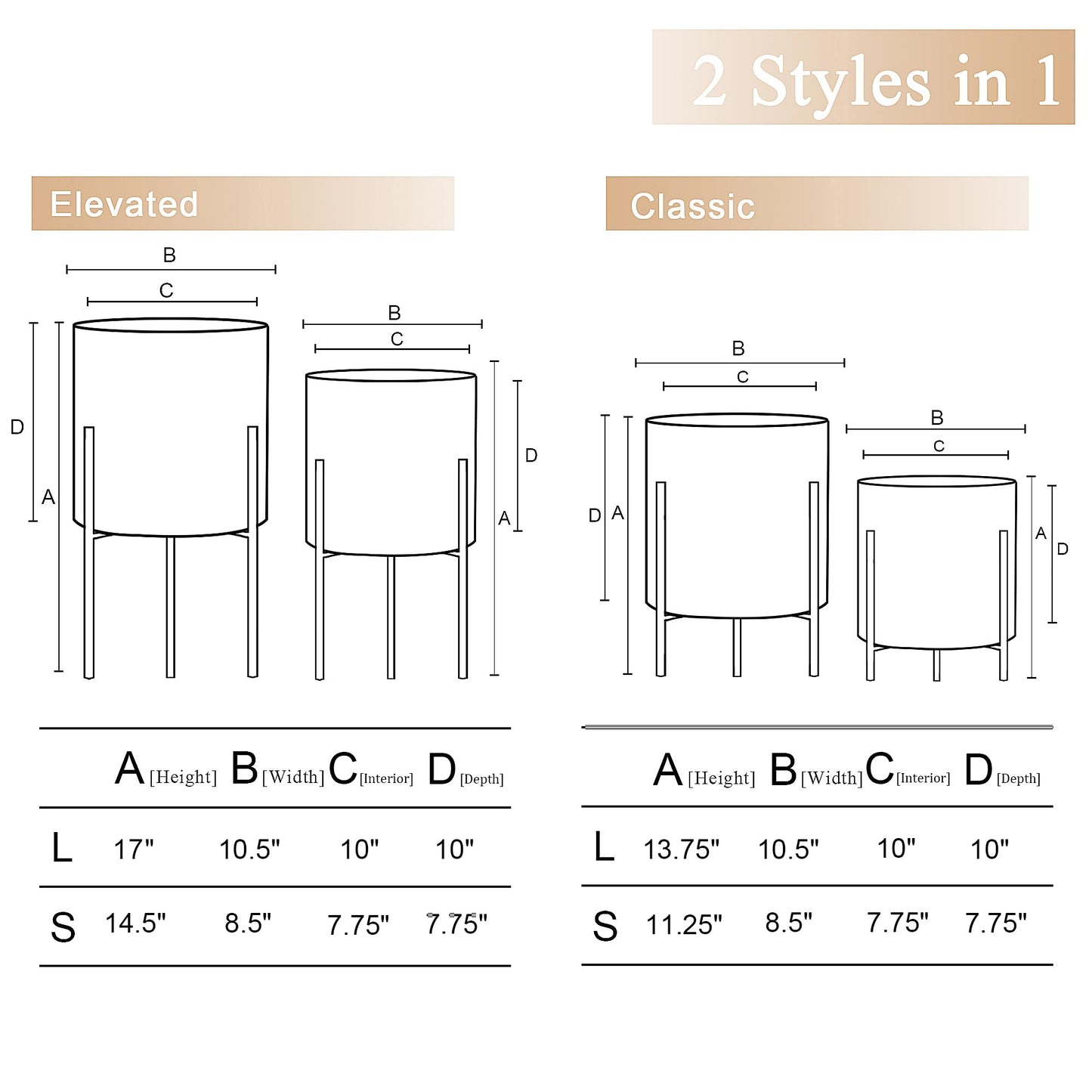 ARNIS Modern Planter Pots, Large Planters with Stand, Set of 2 Metal Planters for Plants with Drainage Holes for Living Room, Office, Garden or Balcony, 8.25 &10.5 Inch, Grey