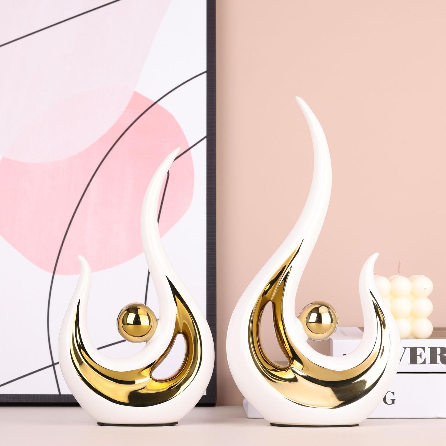 XMGZQ 2pcs White and Gold Modern Abstract Art Statue Table Decoration,Elegantes Ceramic Statue for Home Décor Accent,Mantel,Bookshelf,Centerpiece Table Decorations for Dining Room,adornos para sala