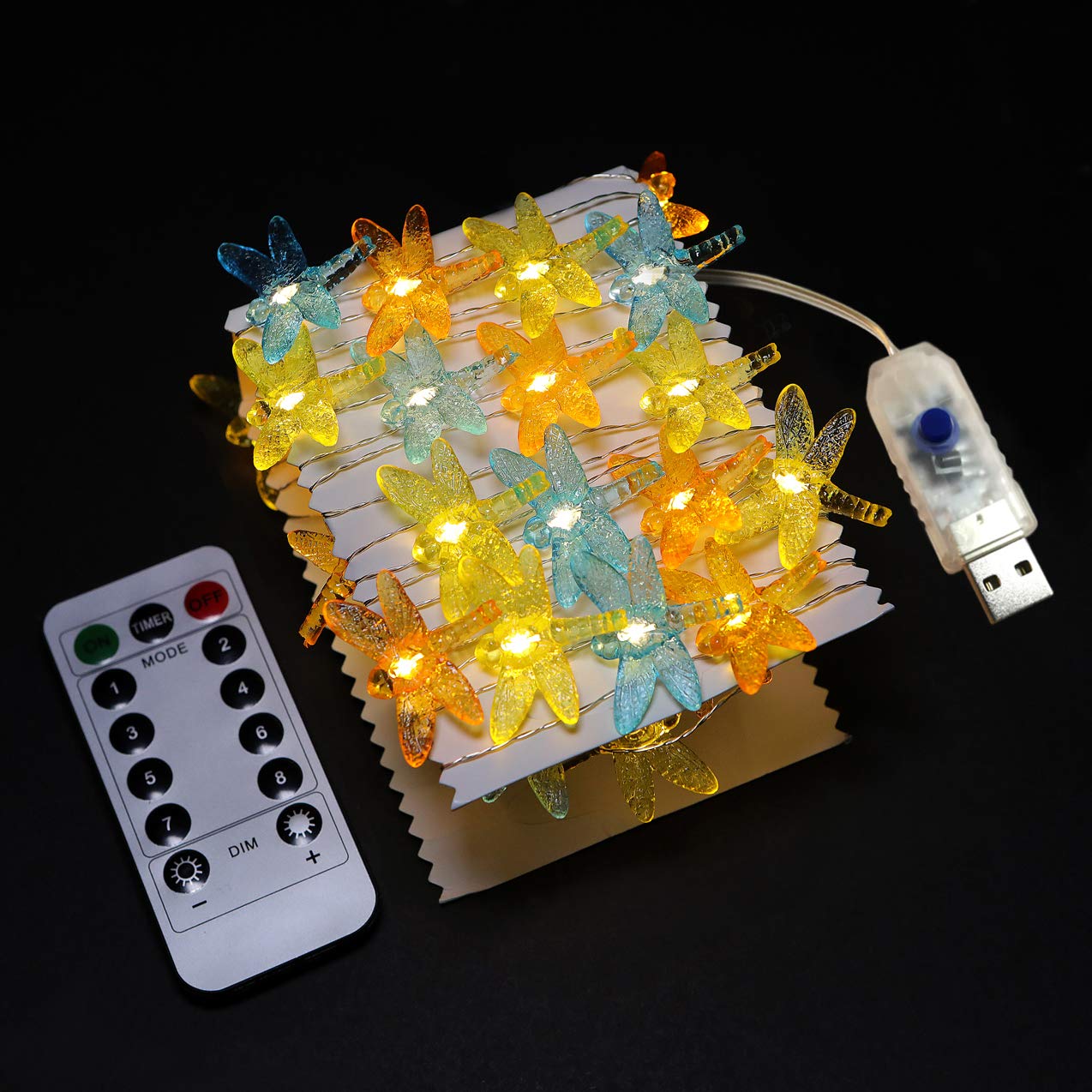 WSgift Dragonfly Decorative String Lights, 18.7 Ft 40 LED USB Plug-in Copper Wire Dragonfly Fairy Lights for Various Decoration Projects (Warm White, Remote Control with Timer)