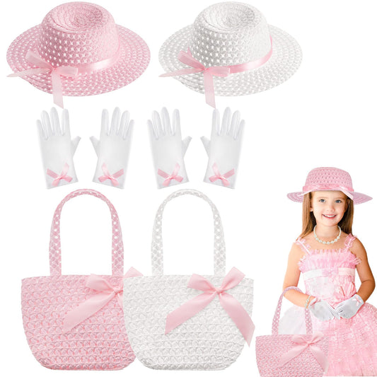 Zhanmai 6 Pcs Girls Tea Party Hats Accessories Set Kids Tea Party Bonnets Hats and Gloves Purses for Girls Dress up Favors