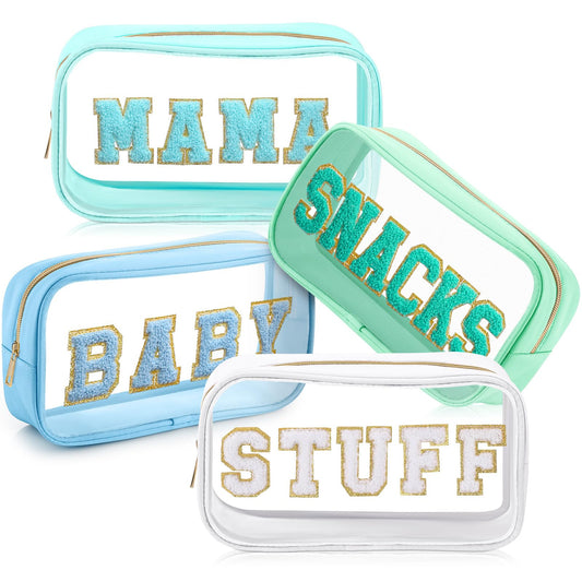 SilTriangle 4 Pcs Mama and Baby Toiletry Bag Clear Chenille Letter Pouch Snacks Makeup Stuff Travel Diaper Bag Preppy Transparent Pouch with Zipper for Women Gift(Fresh Color)