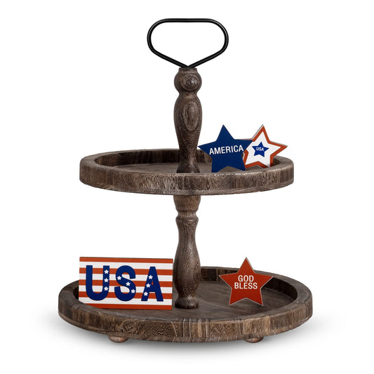 Mustry Rustic Wooden 2 Tiered Tray, Round Farmhouse Kitchen Table Decor Serving Tier Tray, Food Fruits Cupcake Display Coffee Bar Home Party Seasonal Decorations (Brown)