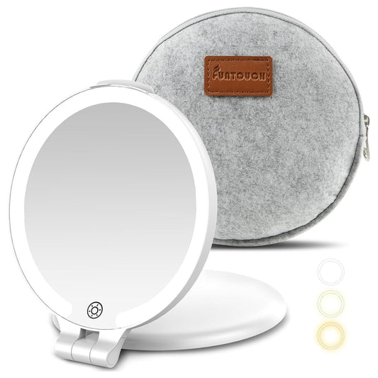 FUNTOUC Travel Mirror with Light, 1X/10X Double Sided Magnification Makeup Vanity Mirror with 3 Color Setting, Chargeable Foldable Portable Travel Essential Vanity Mirror with Bag