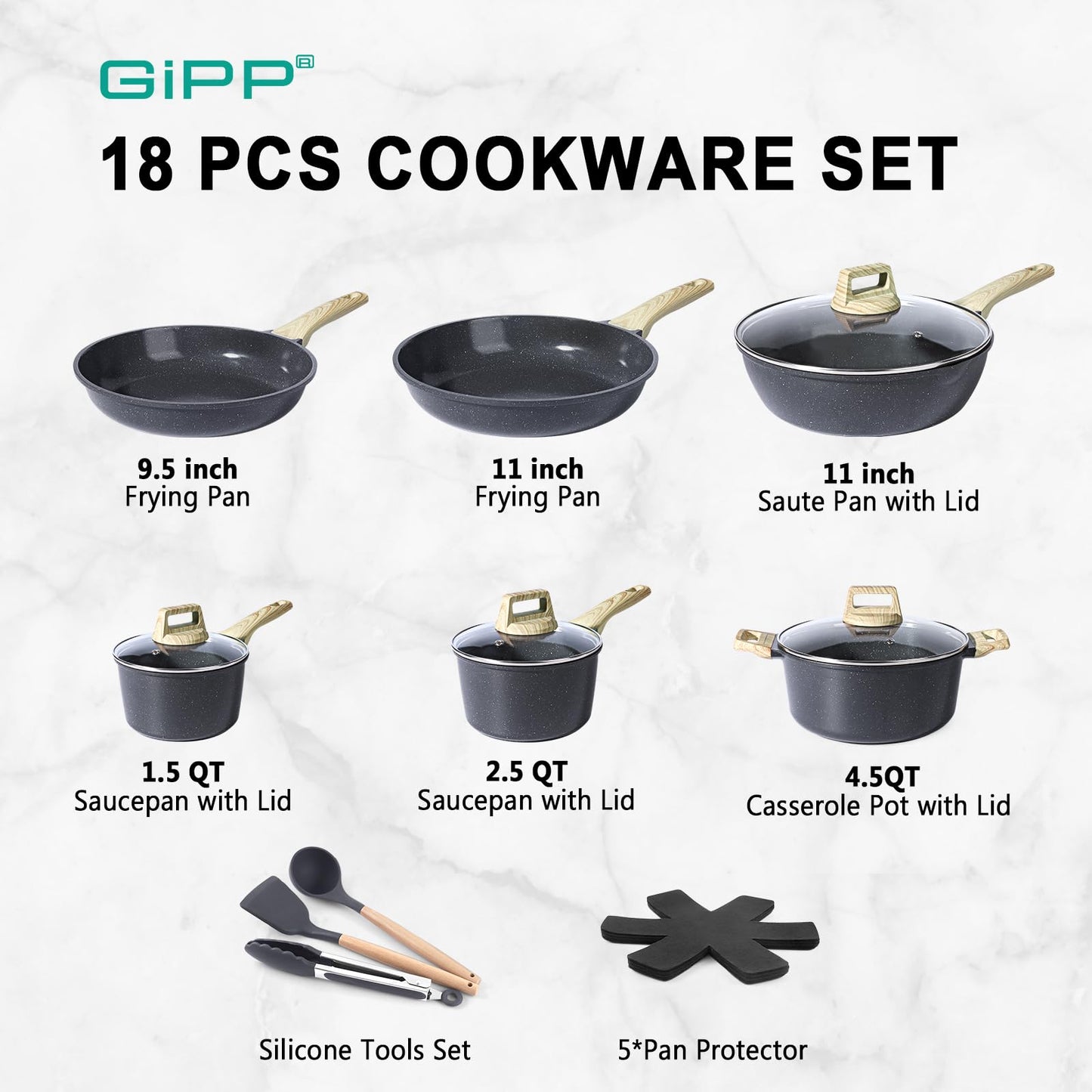 GiPP Ceramic Pots and Pans Set Non Stick - 18 Pcs Nonstick Cookware Set, Non-toxic Healthy Kitchen Cooking Set w/Frying Pans Set, Dishwasher Safe, PFAS PTFE PFOA PFOS Free