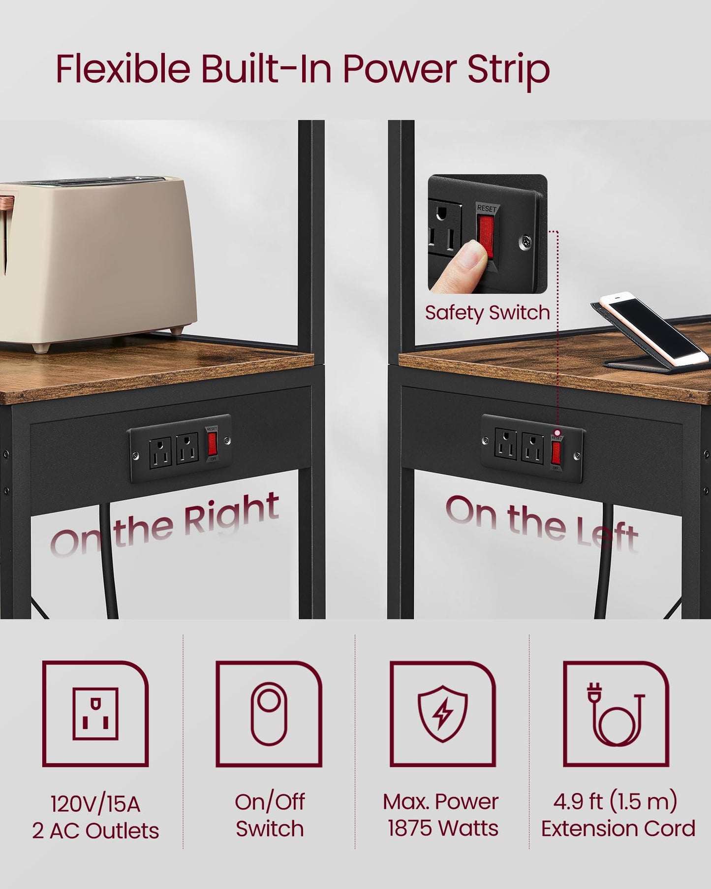 VASAGLE Kitchen Bakers Rack with Power Outlet, Coffee Bar 4-Tier with 8 S Hooks, Microwave Stand, Adjustable Shelf, for Small Spaces, Rustic Brown and Ink Black UKKS014K01V1