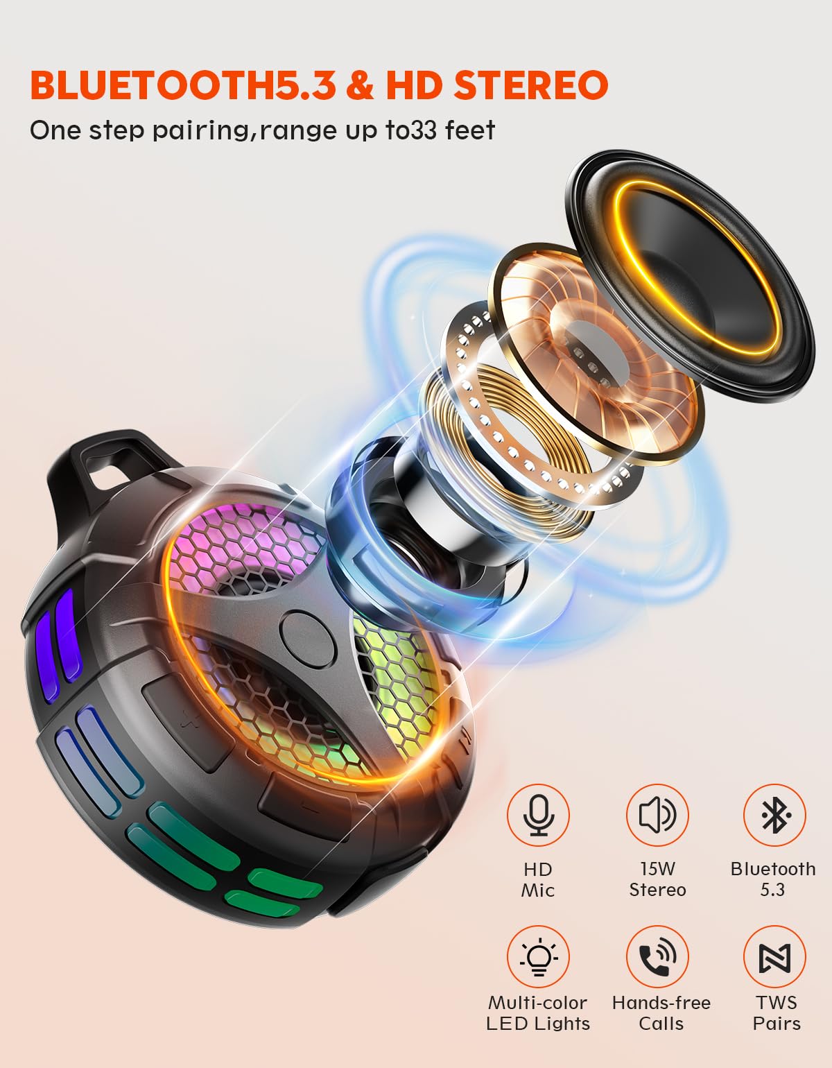 bondidea Shower Bluetooth Speaker, Small Portable Bluetooth Wireless IPX7 Waterproof Outdoor Speakers, Loud Stereo Sound Deep Bass, TWS Pairs, 6 Mode RGB Lights, for All Ages (Black)