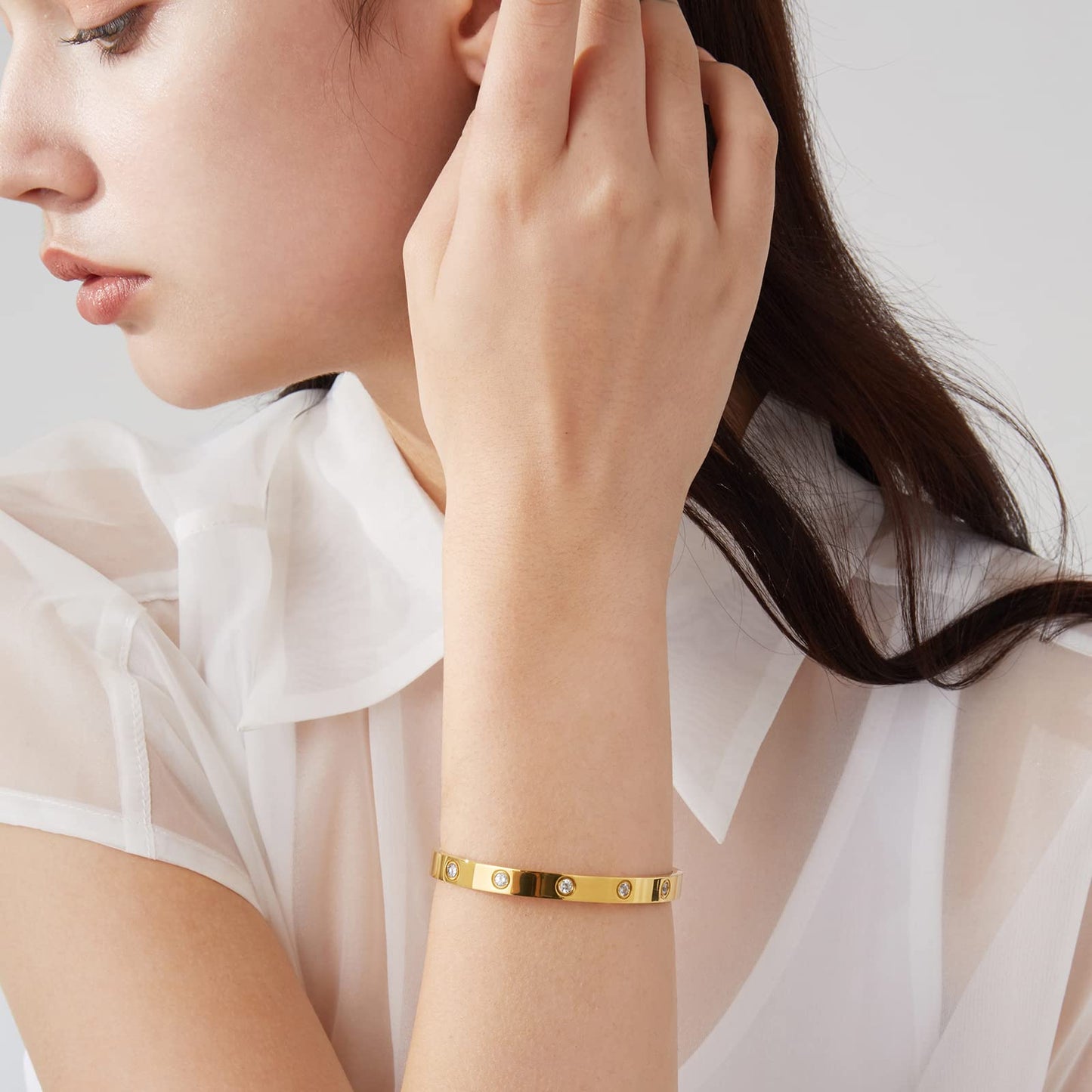 PDWZNBA 18K Gold Plated Love Friendship Bracelets with CZ Stones Trendy Stainless Steel Bangle Jewelry