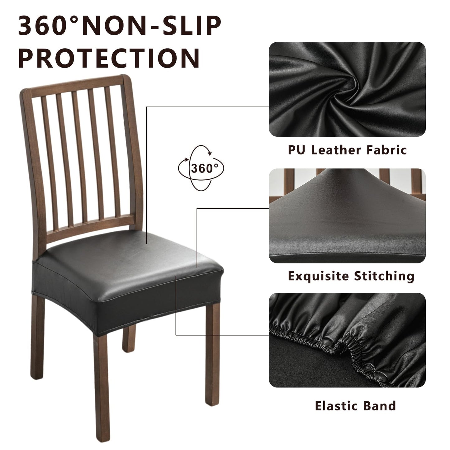 NILUOH Waterproof Seat Covers for Dining Room Chairs Set of 4, Pu Leather Chair Seat Slipcovers Dining Chair Cover Removable Washable Chair Protctor Cover, Rear Covers (PU-Black)