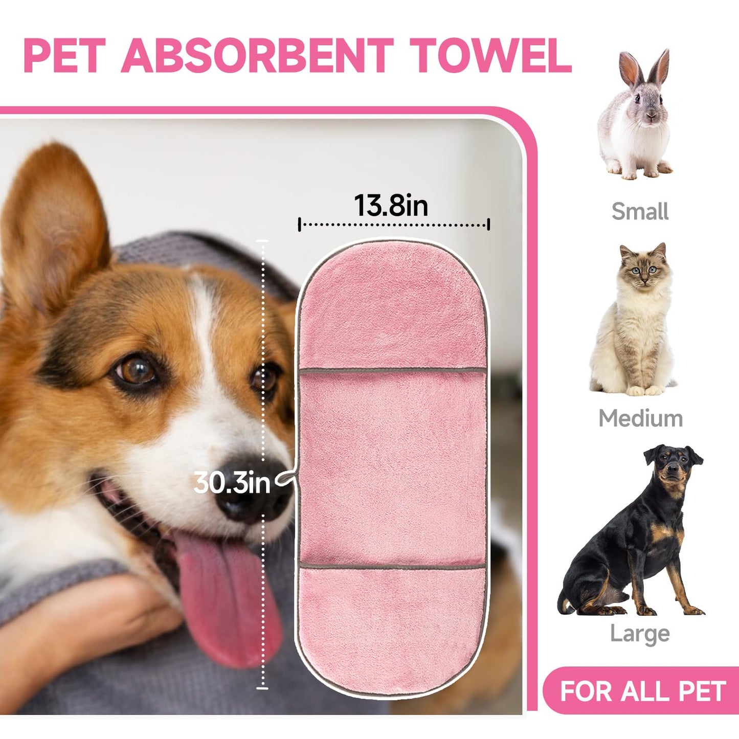 KUEIOX Dog Washing Gloves - Quick Drying Dog Towel,Cat Bath Grooming Gloves Brush with High-Density Teeth for Bathing Massaging，Absorbent Pet Bath Towel 30.3"x13.8" with Hand Pocket for Dog Cat Pink