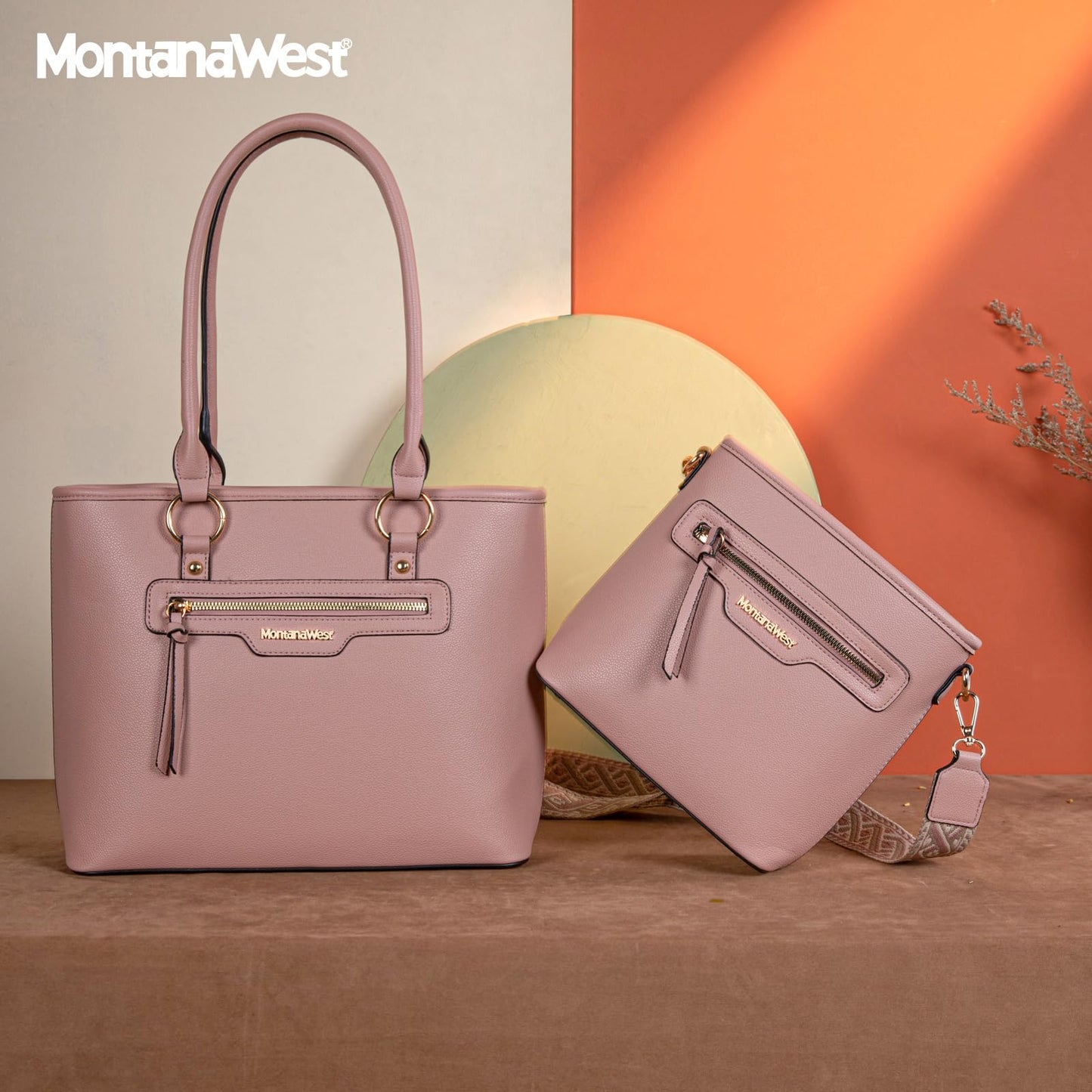 Montana West tote bag for women medium crossbody purse set 2pcs cute trendy woman handbag and purse pink ladies designer handbag with guitar strap MWC2-330PK