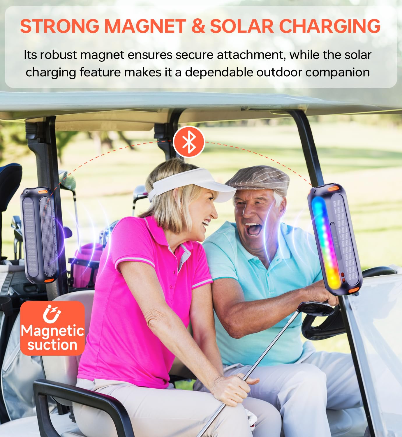 ABFOCE Magnetic Bluetooth Speaker, Golf Speaker with Solar Charging 30H Playtime, 7 Colorful Flashing Lights Outdoor Waterproof Portable Wireless, for Golf Cart Gifts Hiking Camping