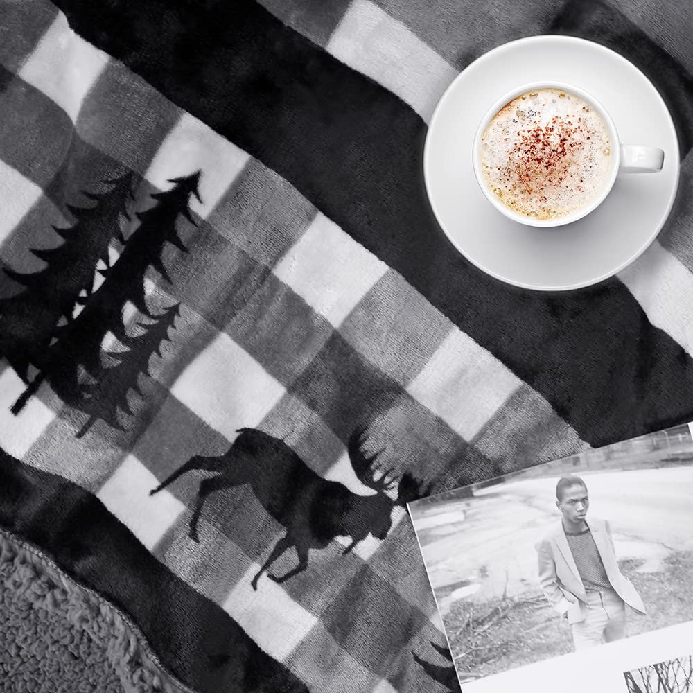 Pavilia Winter Cabin Sherpa Blanket Throw | Flannel Fleece Christmas Plaid Blanket | Plush, Soft, Warm, Cozy, Reversible Microfiber Throw 50x60 (Grey)