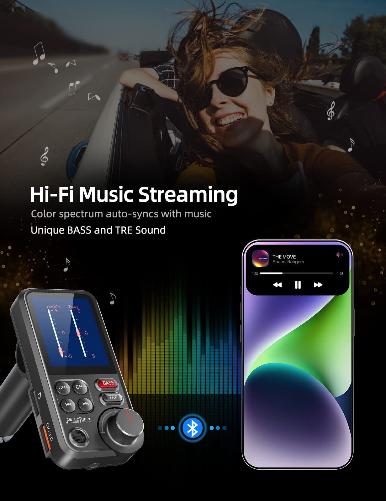 Nulaxy FM Bluetooth Transmitter for Car, Strong Microphone Bluetooth Car Adapter with 1.8" Color Screen for Hands-Free Calls, Supports QC3.0 Charging, Treble and Bass Sound Music Player- KM30