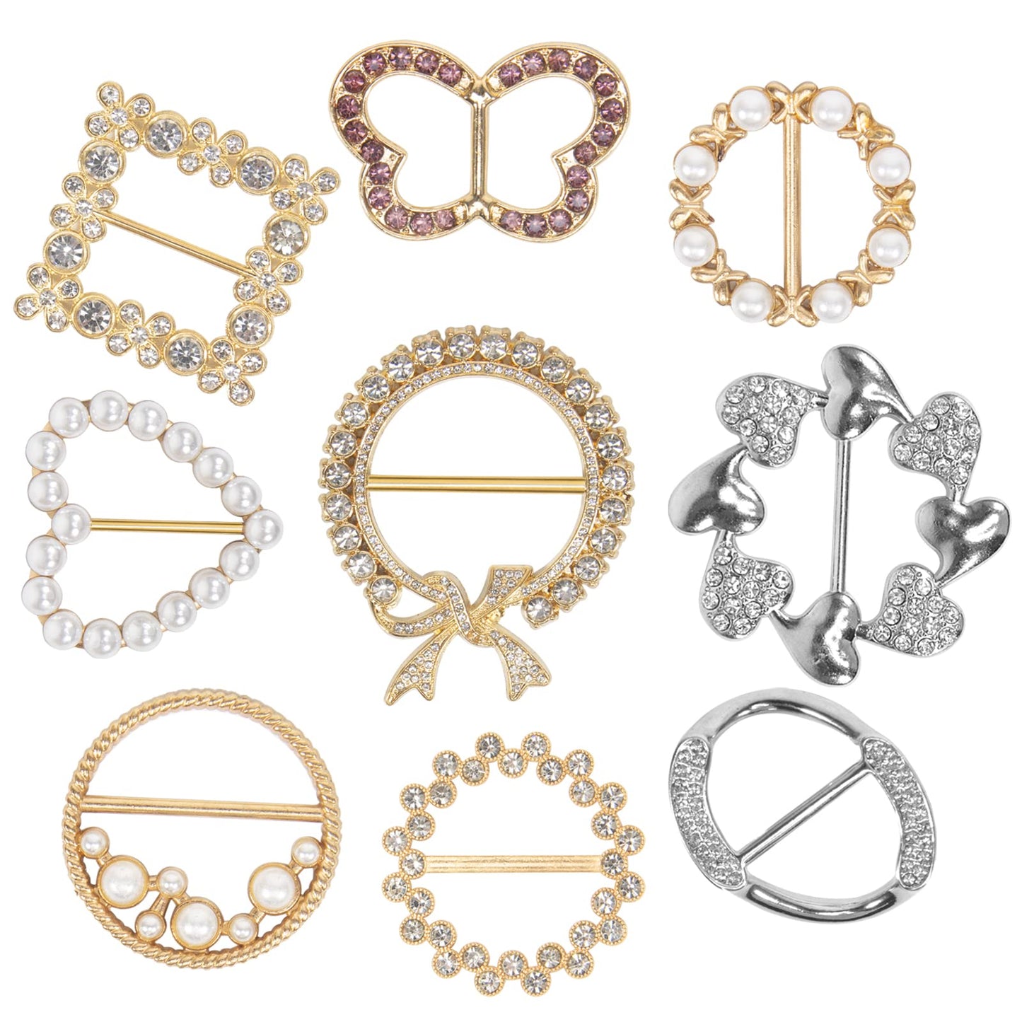 T-Shirt Clips 9 PCS, Clothes Corner Knotted Button, Fashion Alloy Pearl Rhinestone Circle Clip Buckle Round Shirt Silk Scarf