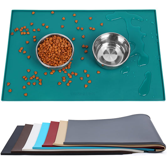VIVAGLORY Dog Food Mat, Cat Dog Feeding Mat, Waterproof Non-Slip Food Grade Silicone Mat Placemat with Raised Edge, Anti-Messy Pet Bowl Mat for Food and Water, Deep Green, S(19"x12")