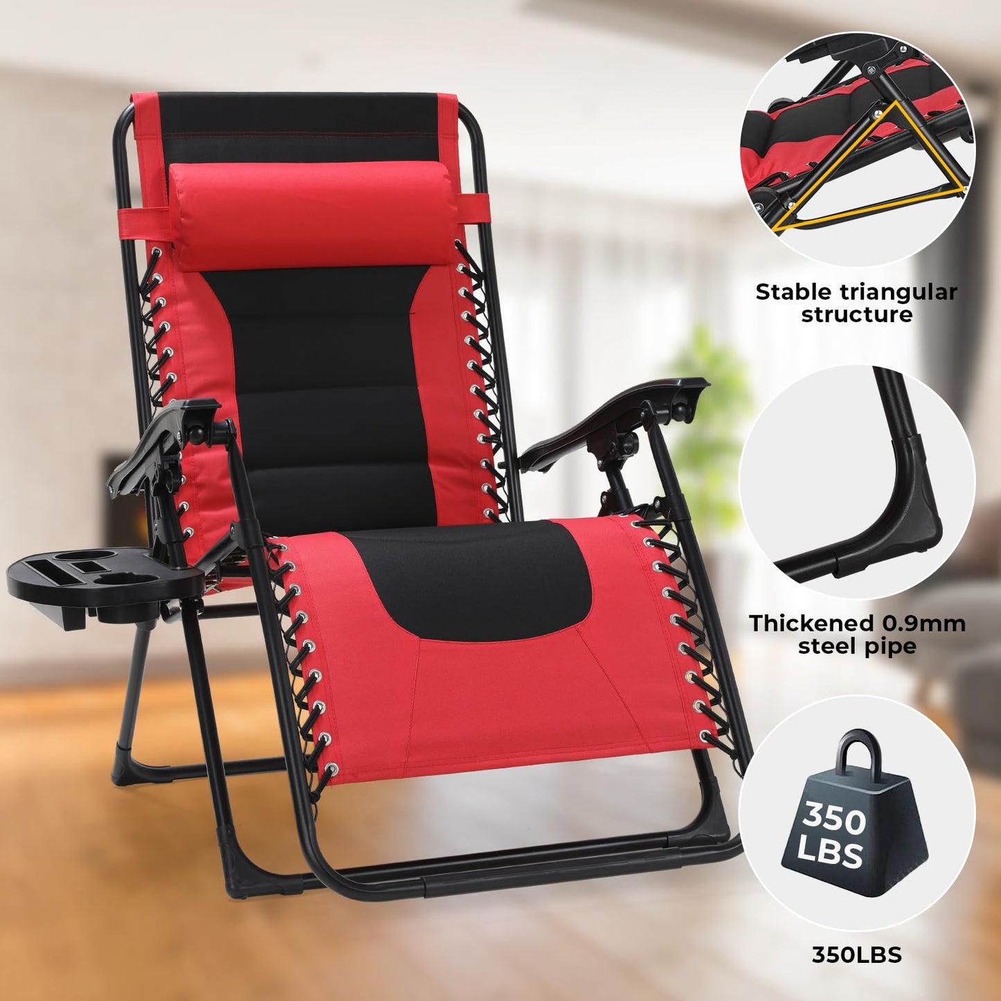 TLSUNNY Oversized Padded Zero Gravity Chair Set of 2, Folding Outdoor Patio Recliner, 24.2" Wide Seat Lounger W/Detachable Pillow & Holder Tray, Patio Furniture for Garden, 350LBS (Black/Burgundy)