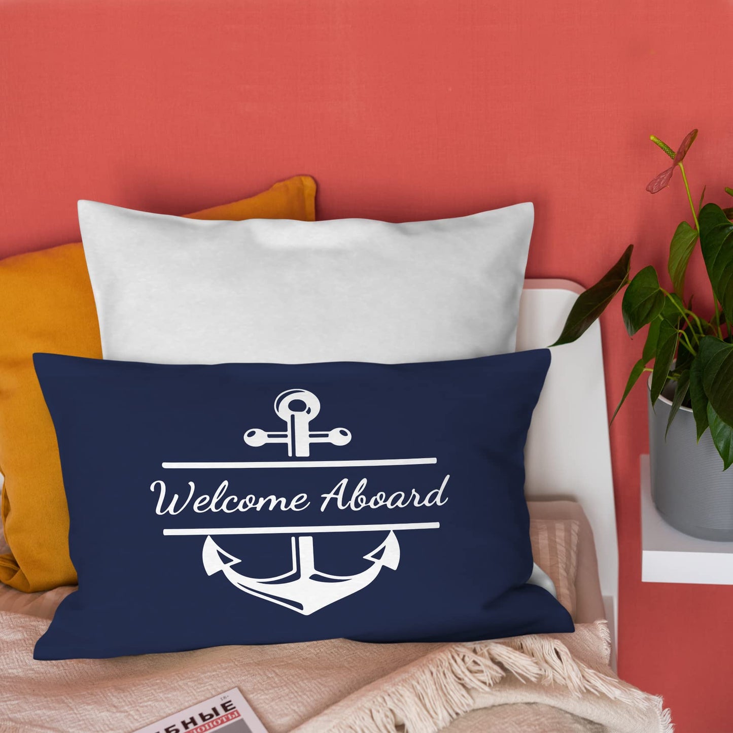 Burosev Welcome Aboard Soft Throw Pillow Cover, Navy Blue Boat Anchor Decorative Pillowcase, Nautical Sailing Farmhouse Decor Decorations for Home Bedroom Sofa Couch Living Room(12 x 20 Inch)