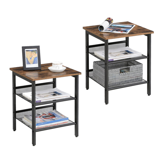 VASAGLE Nightstand, Set of 2 Side Tables, End Tables with Adjustable Mesh Shelves, for Living Room, Bedroom, Industrial, Stable Steel Frame, Easy Assembly, Rustic Brown and Black ULET24X
