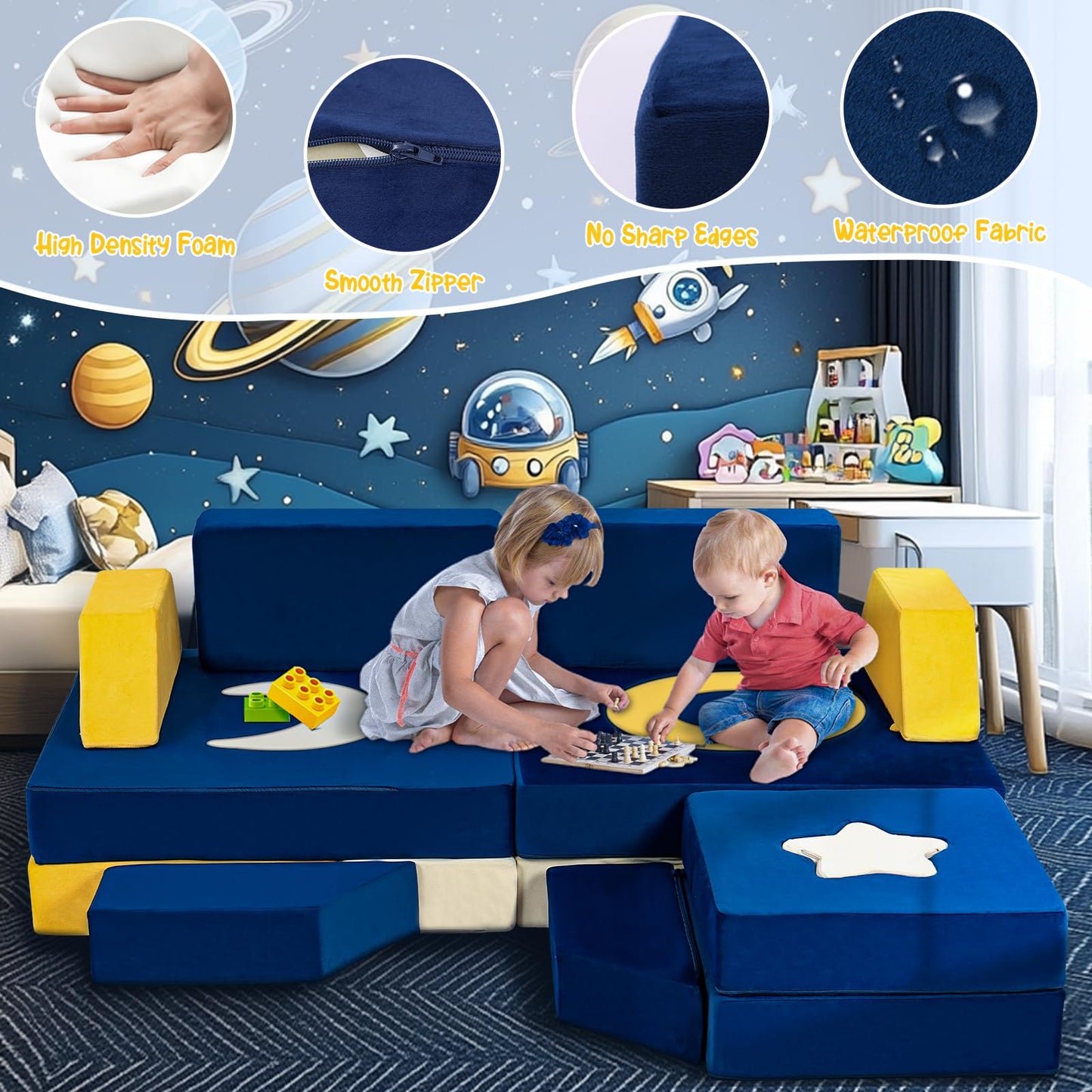 Erament 21PCS Modular Kids Play Couch - Universe Theme Toddler Couch Building Fort, Multifunctional Kids Sofa for Toddler to Teenagers, Playroom, Bedroom