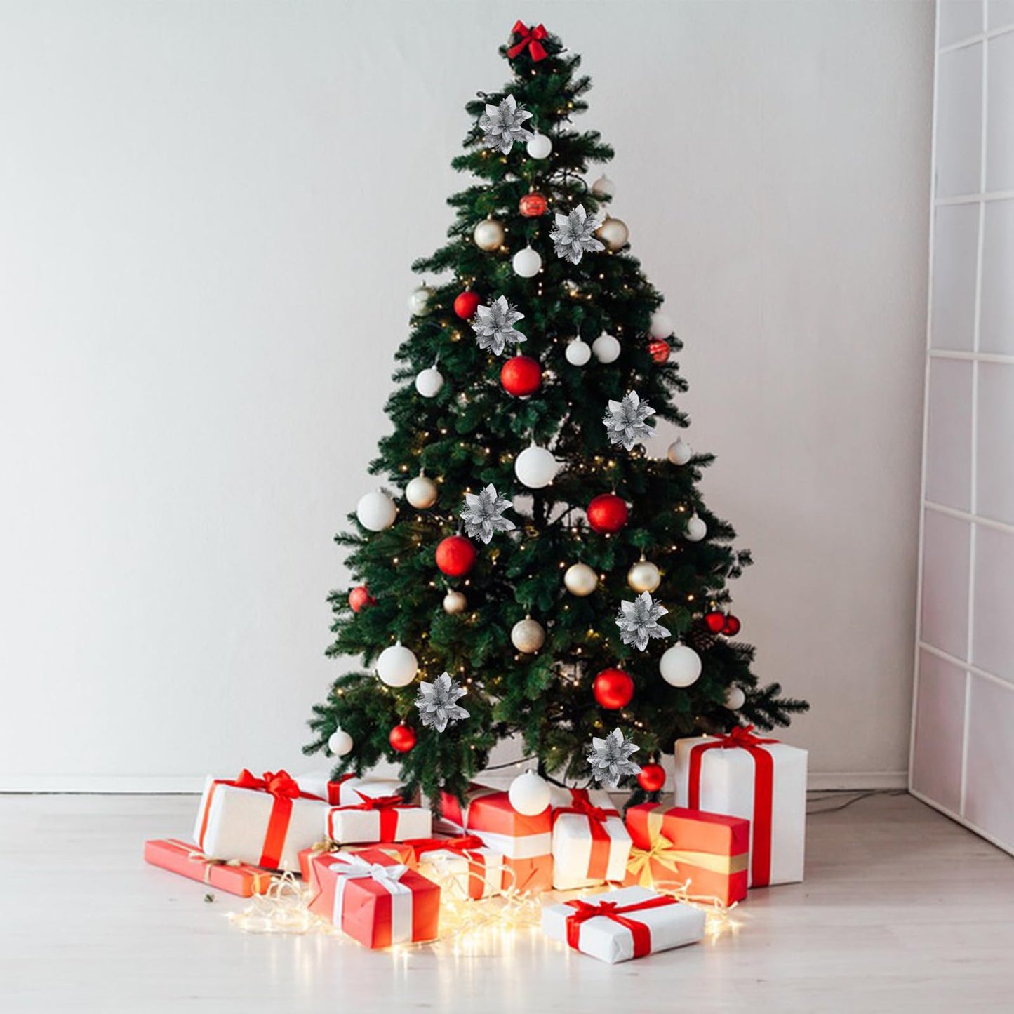 YUAGOLLE Christmas Artificial Poinsettia Flowers: 12pcs Silver Poinsettia With Clips Silk Glitter Picks Fake Floral, For Decorations, Xmas tree decor, Wreath Garland Bulk, Wedding, New Year ornaments.