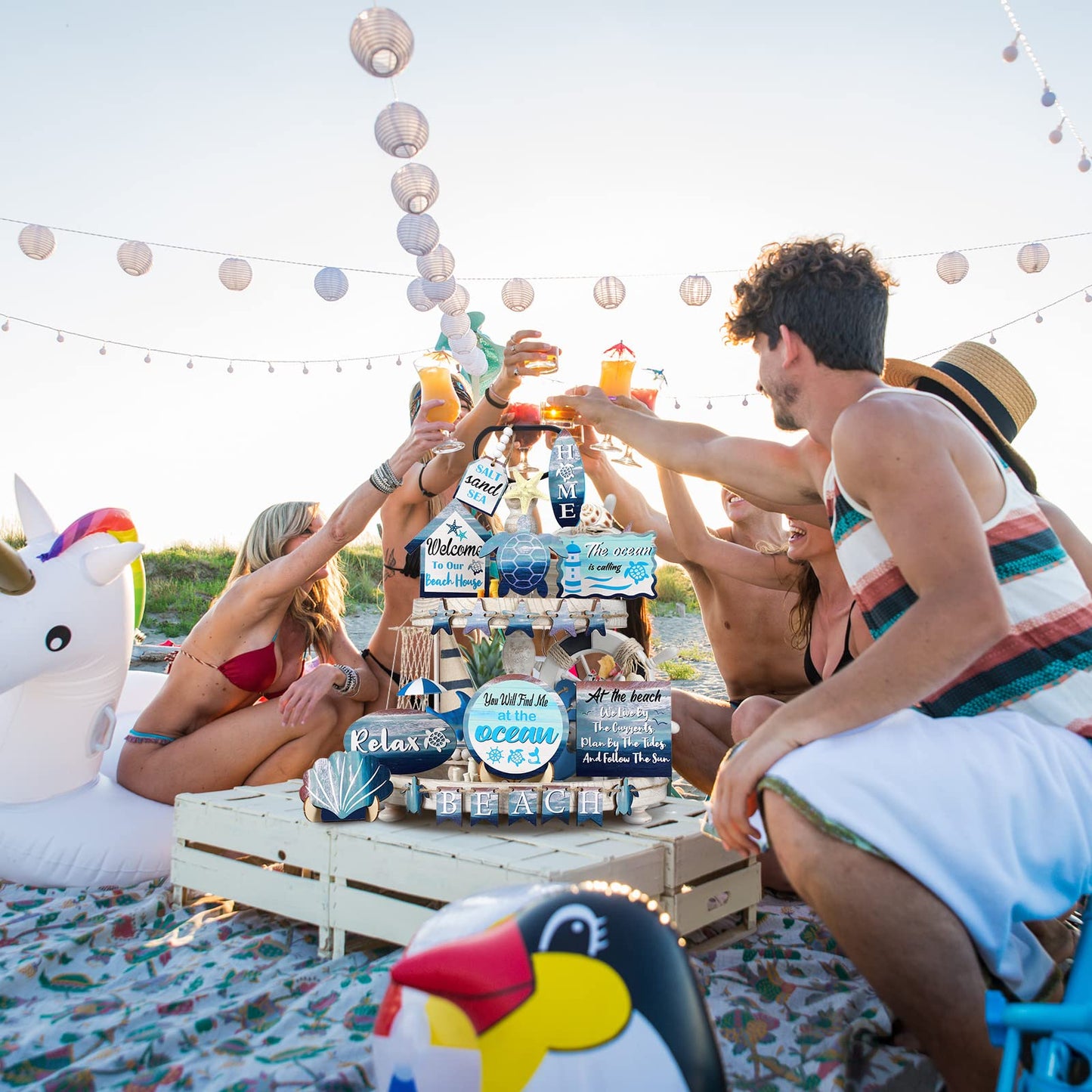 Maitys 21 Pcs Summer Beach Tiered Tray Decor Set Farmhouse Tray Decor Items Sea Turtle Shell Conch Wood Sign Rustic Beach Table Decoration for Home Kitchen Hawaii Party Holiday Outdoor Shelf