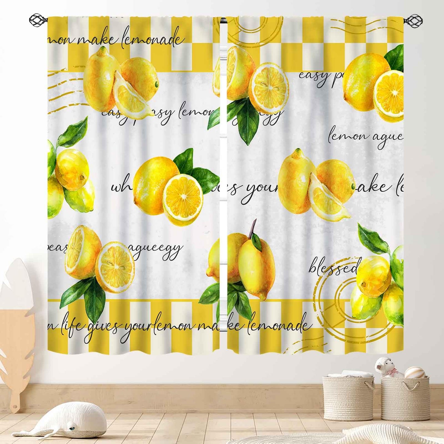 TKUYO Yellow Lemon Kitchen Curtains, Vintage Retro Summer Spring Seasonal Fruit Yellow Checkered Window Drapes Treatments for Living Room Bedroom Bathroom Cafe 2 Panels, 63"x72" Inch