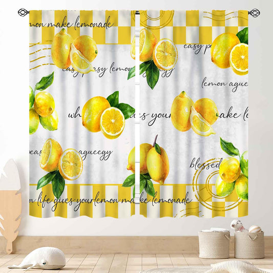 TKUYO Yellow Lemon Kitchen Curtains, Vintage Retro Summer Spring Seasonal Fruit Yellow Checkered Window Drapes Treatments for Living Room Bedroom Bathroom Cafe 2 Panels, 63"x72" Inch