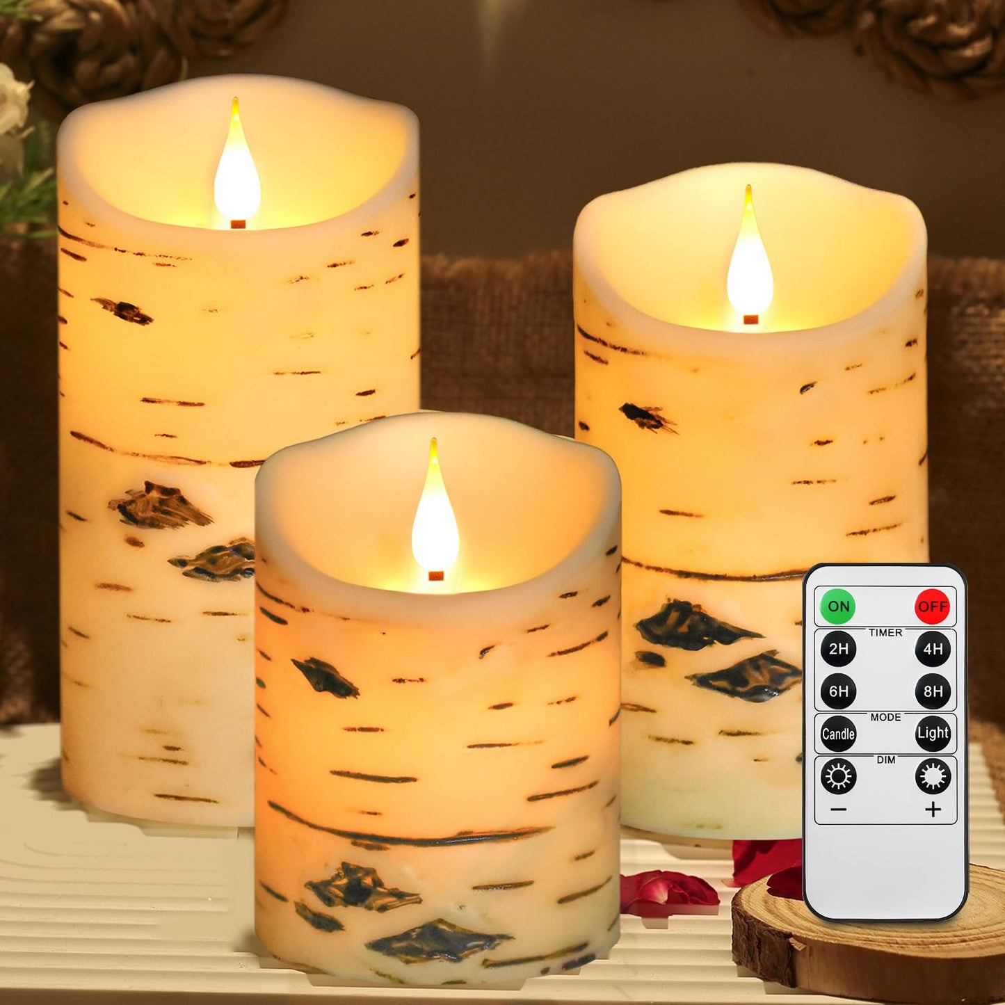 QQFCTOO Flameless Birch Bark Candles Flashing Battery Operated Candles LED Pillar Candles with Remote Control and Timer Set of 3