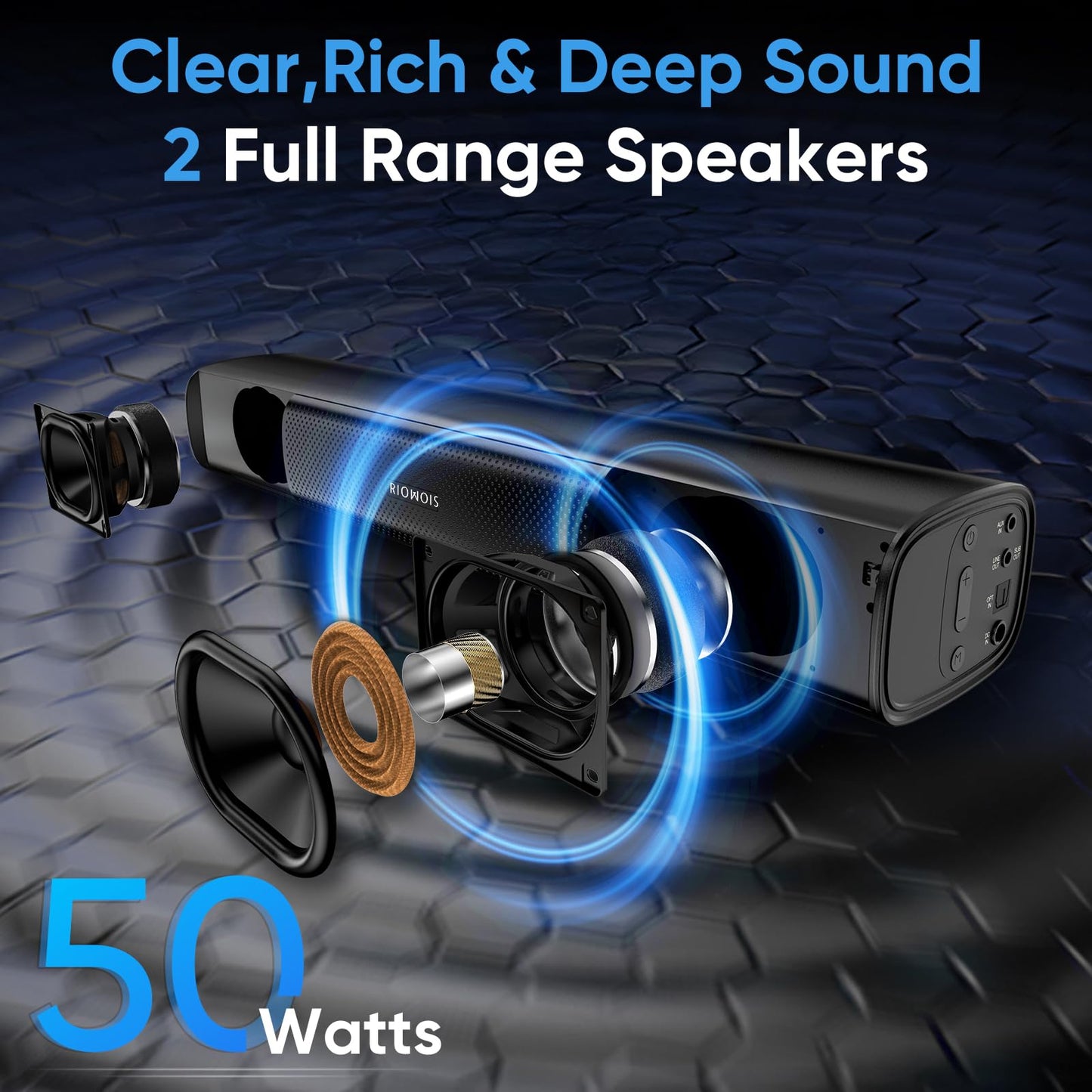 RIOWOIS Sound Bar for Smart TV, Bass Boost and Crisp Vocals,Bluetooth Soundbar for TV/PC/Gaming/Projectors,Optical/AUX/Wall Mount,17inch