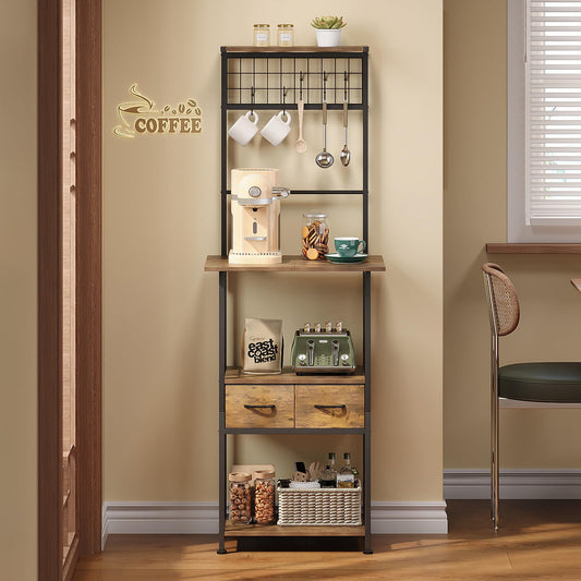 GiftGo Small Coffee Bar Station Narrow Corner Baker Rack Stand with 2 Storage Fabric Drawers 5 S Hooks for Small Spaces Farmhouse Bakers Rack for Kitchen, Entryway, Living Room (Brown, Narrow)