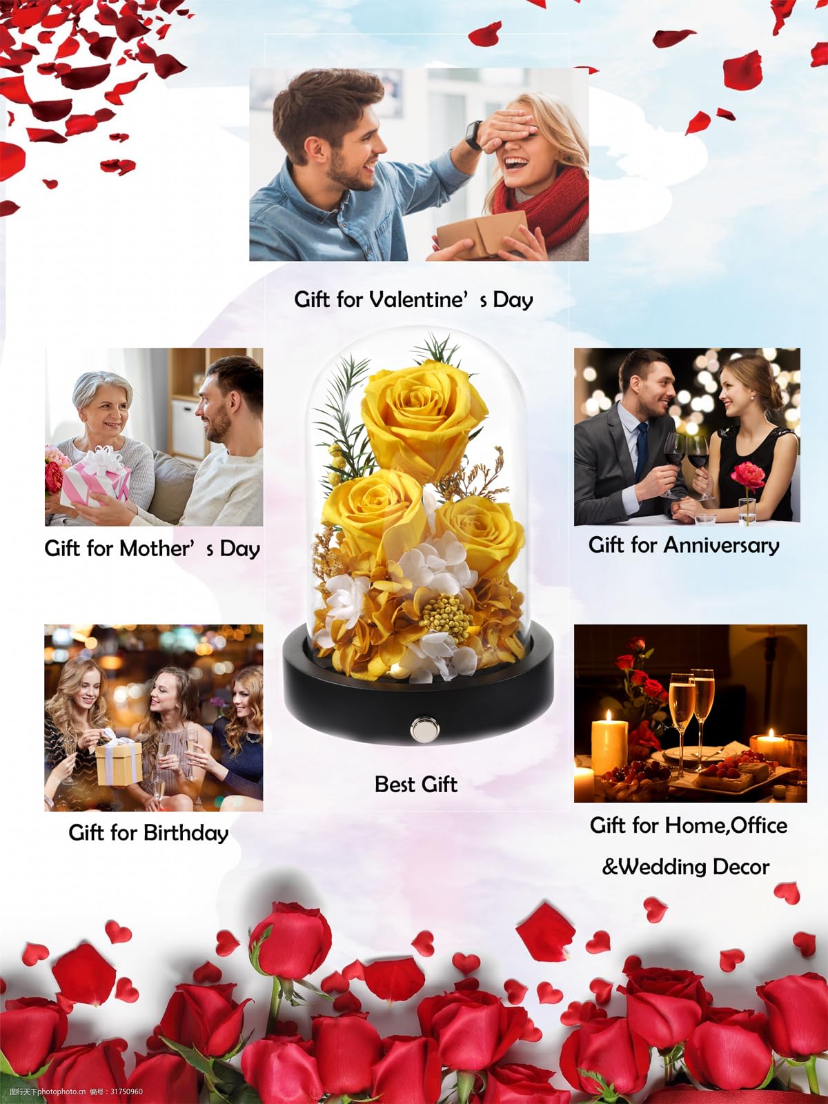 Pinnetetti Flowers for Delivery, 3 Yellow Forever Roses in Glass Dome with LED, Preserved Real Rose, Valentines Day Anniversary Birthday Mothers Day Flower Gifts for Mom Her Women Wife Mother