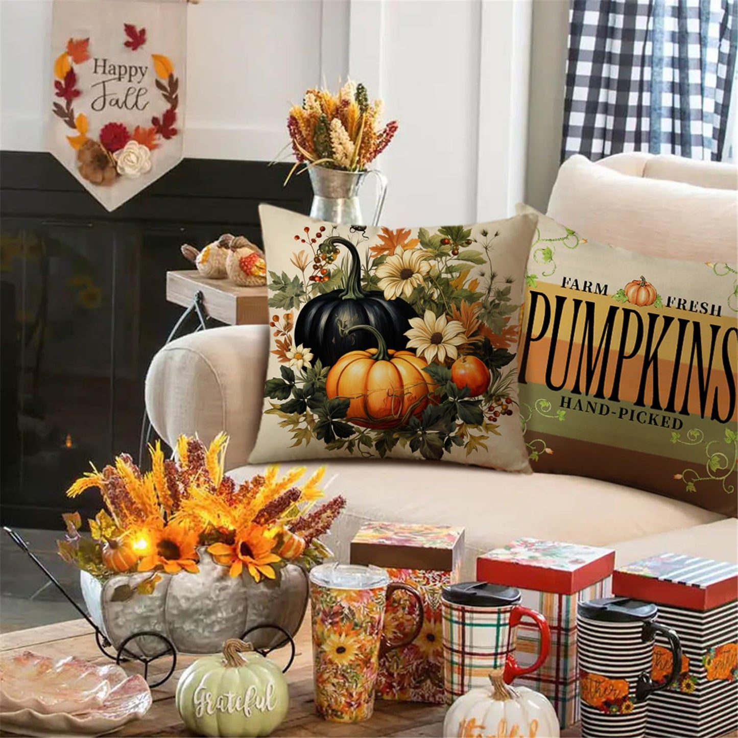 NIGHTWISH Fall Pillow Covers 18x18 Set of 4 Thanksgiving Farmhouse Decorations Dark Green Orange Pumpkin Outdoor Fall Decor Throw Pillow Covers Striped Vines Harvest Autumn Cushion Case for Sofa Couch