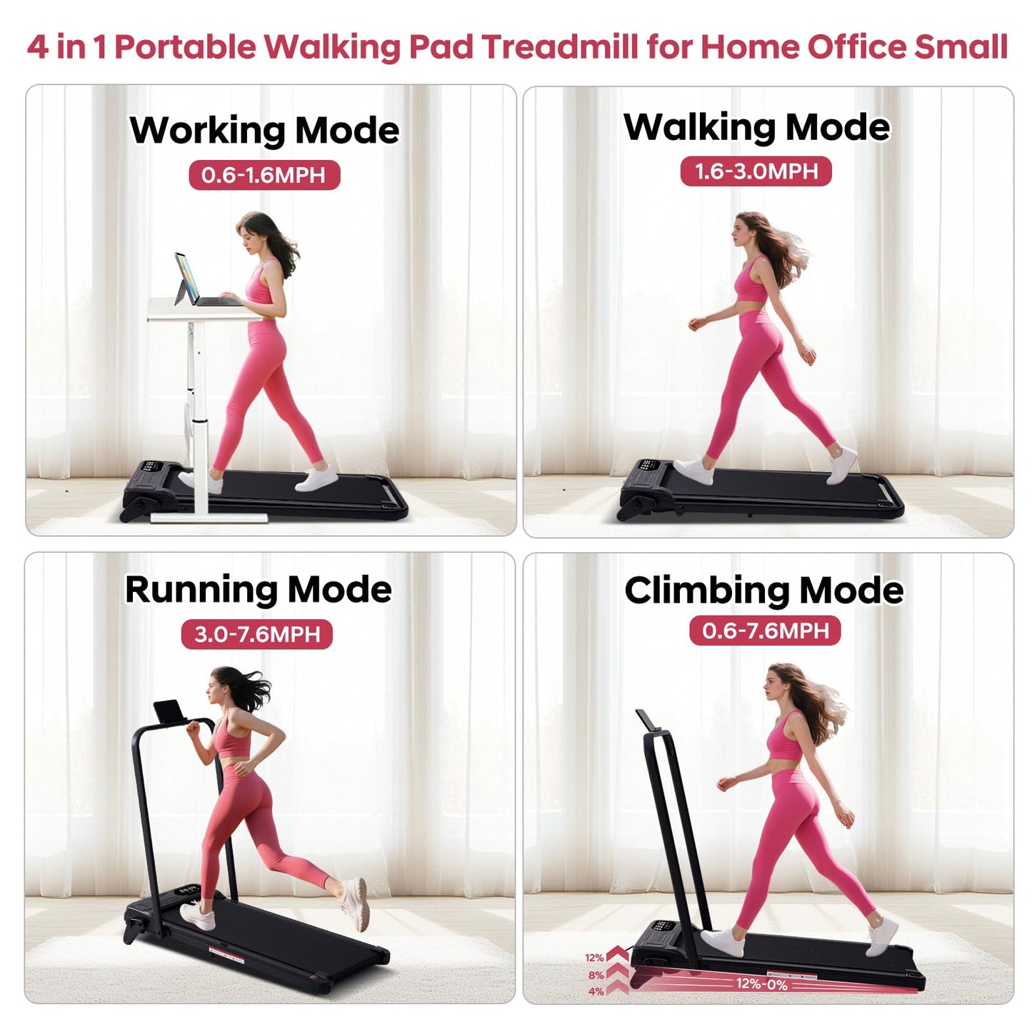 Foldable Walking Pad Treadmill with 12% Adjustable Incline and Handle Bar, 3.5HP Portable Folding Treadmills for Home Small, 4 in 1 Under The Desk Electric Treadmill with Handles, 0.6-7.6MPH, 350LBS