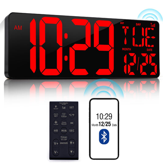 CYMHCHL Large Digital Wall Clock 17.2" Bluetooth Auto Time Sync Led Digital Clock Large Display 11 RGB Colors Auto-Dimming/DST Big Timer with Remote Control for Living Room Classroom Decor Garage Gym