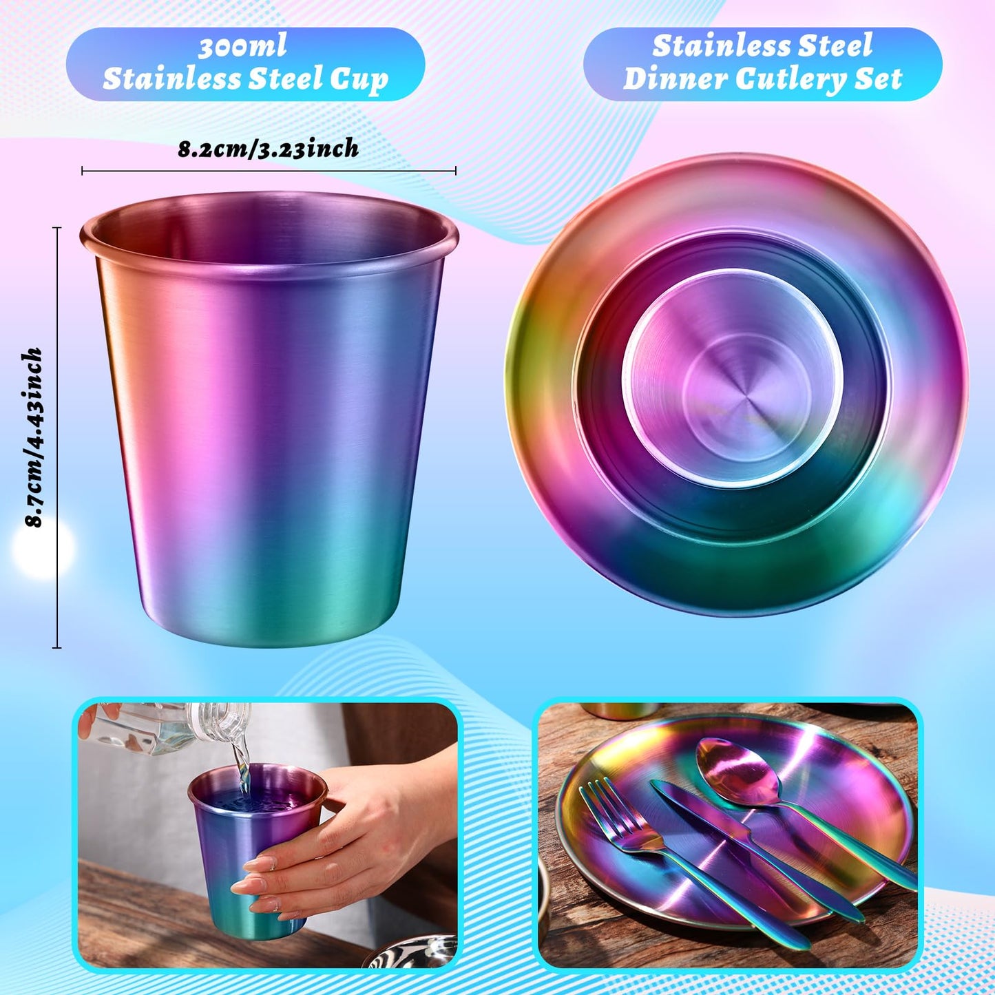 Layhit 30 Pcs Rainbow Stainless Steel Dinnerware Set Include Set of 10 Plates Bowls Cups Iridescent Cooking Tableware Reusable Metal Dishes Cutlery Bulk for Camping Picnic Kitchen Dessert Salad Dinner