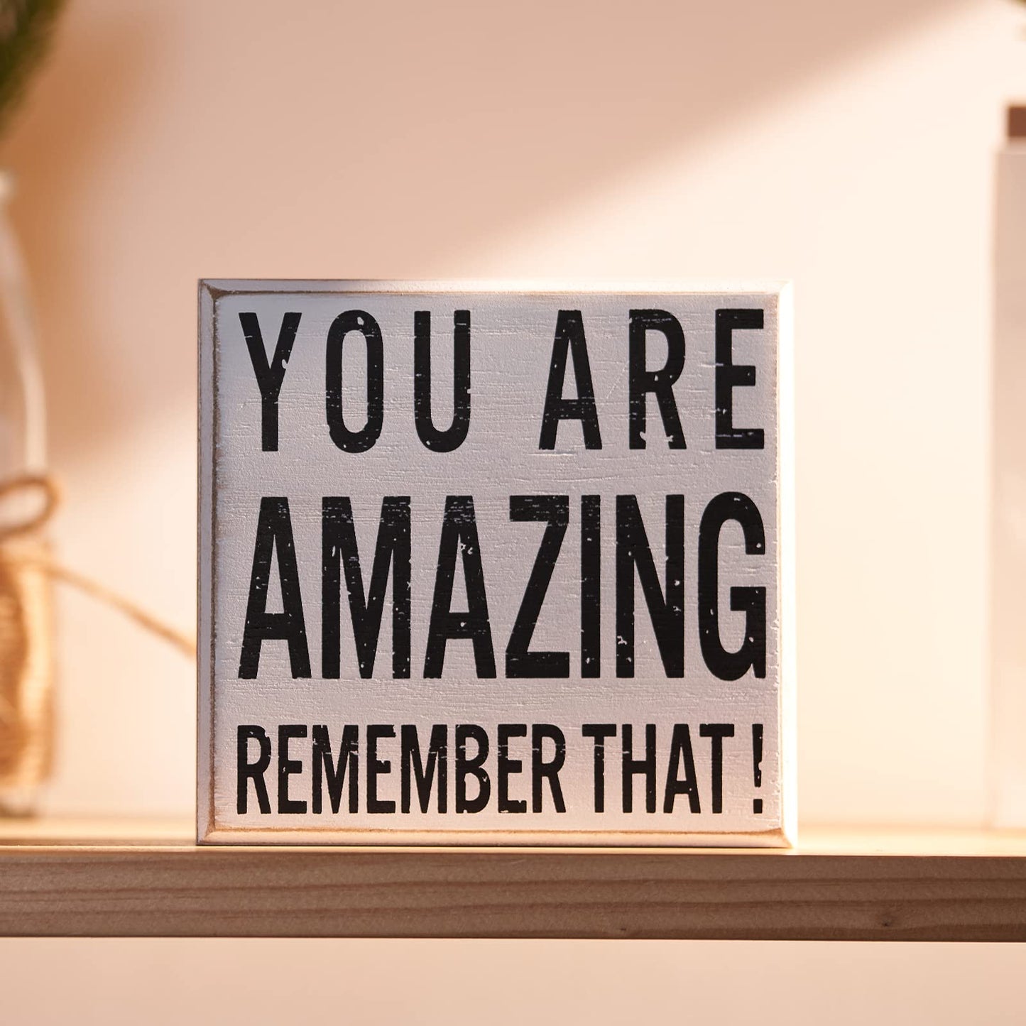 Inspirational Wooden Box Sign You are Amazing Remember That Wood Box Sign Home Decor Motivational Quote Desk Decor Thank You Gift for Home Office Bedroom Table 4.9 x 5.2 Inches(White)