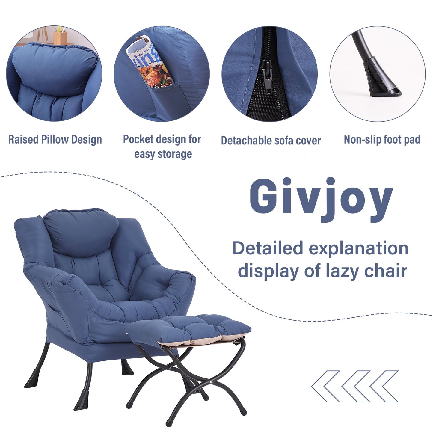 Givjoy Lazy Chair and Ottoman, Large Accent Lounge Chair with Armrests and a Side Pocket, Modern Leisure Upholstered Sofa Reading Armchair with Footrest for Bedroom, Living Room, Dorm Rooms, Office