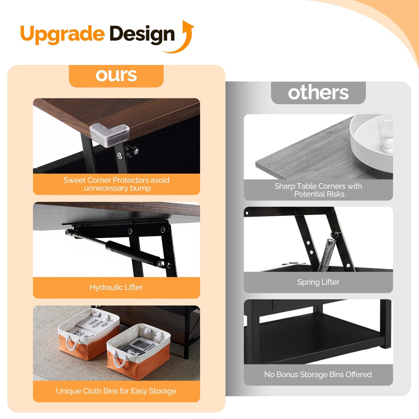 VINGLI 36" Lift Top Coffee Table with Storage, Rustic Espresso Coffee Table with Free Cloth Storage Bins for Living Room, Small Side Table for Small Space in Minimalistic Style, Espresso