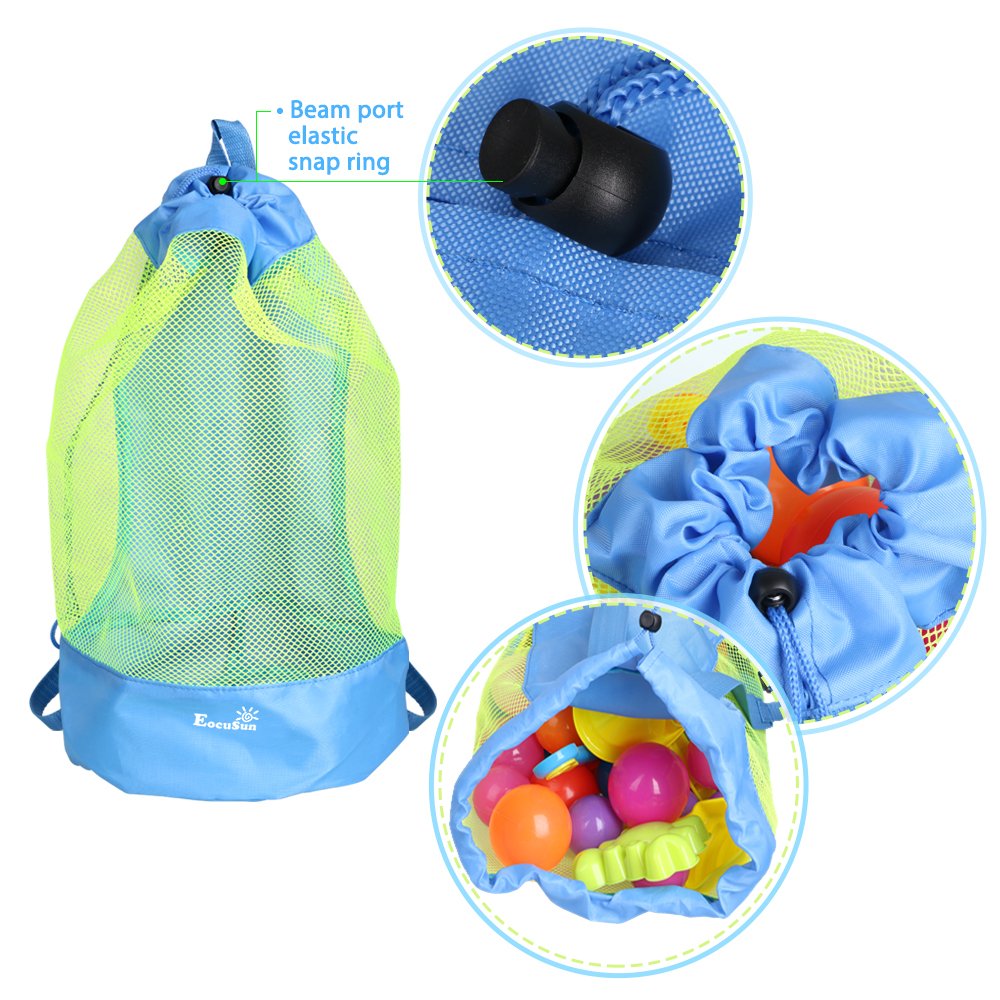 EocuSun Large Mesh Beach Bag Tote Durable Sand Away Drawstring Backpack Swim and Pool Toys Balls Storage Bags Packs, Stay Away From Sand and Water, Toy Not Included, Blue