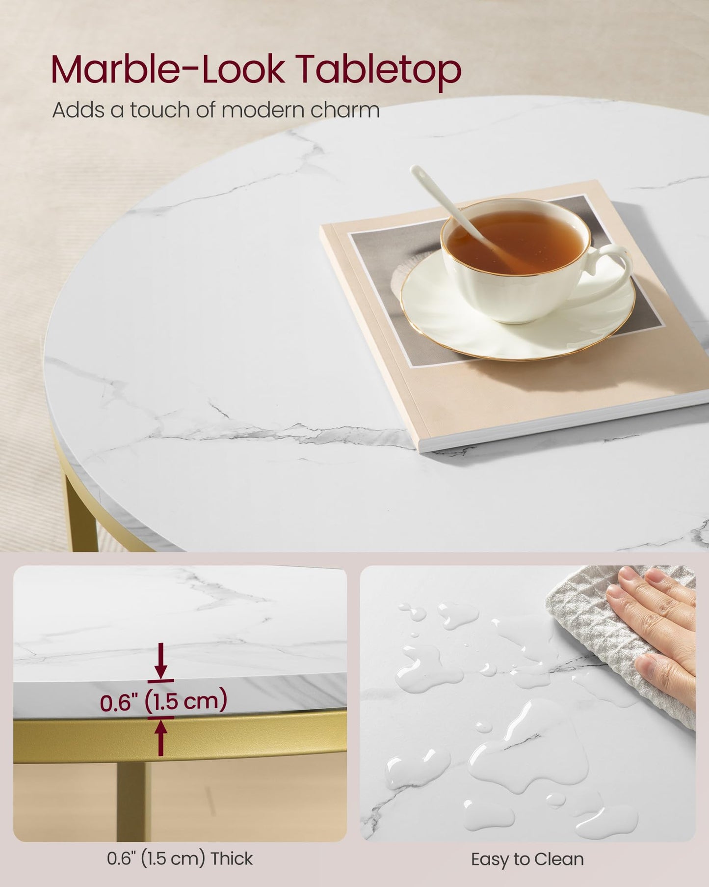 VASAGLE Round Coffee Table, 2-Tier Small Coffee Table with Faux Marble Top and Glass Shelf, Modern Style, for Living Room, 25.6 x 25.6 x 18.1 Inches, Marble White and Pale Gold ULCT072W59