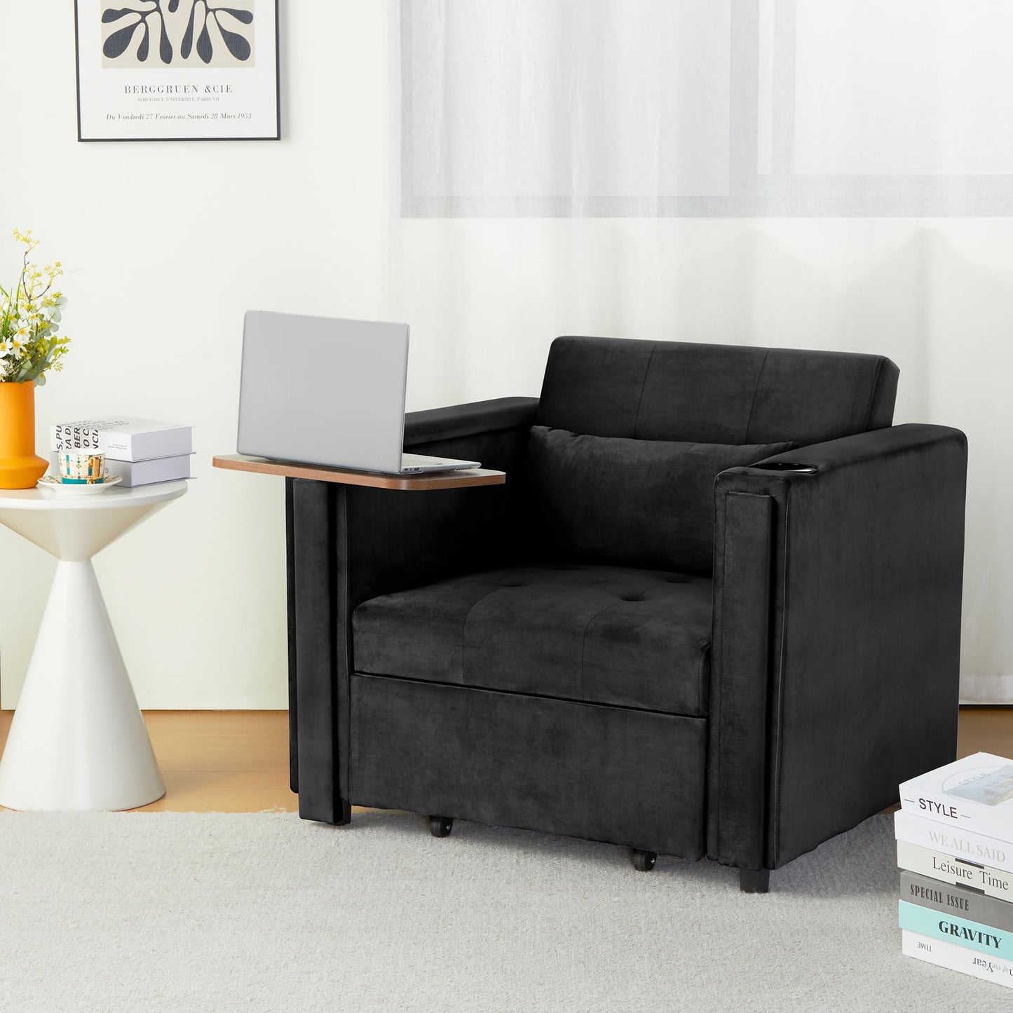 weselon Velvet Convertible Chair Bed, 3 in 1 Multi-Functional Lounge Chair Sleeper, Pull Out Couch Guest Bed with Hidden Table and Adjustable Backrest for Living Room Small Space Apartment (Black)