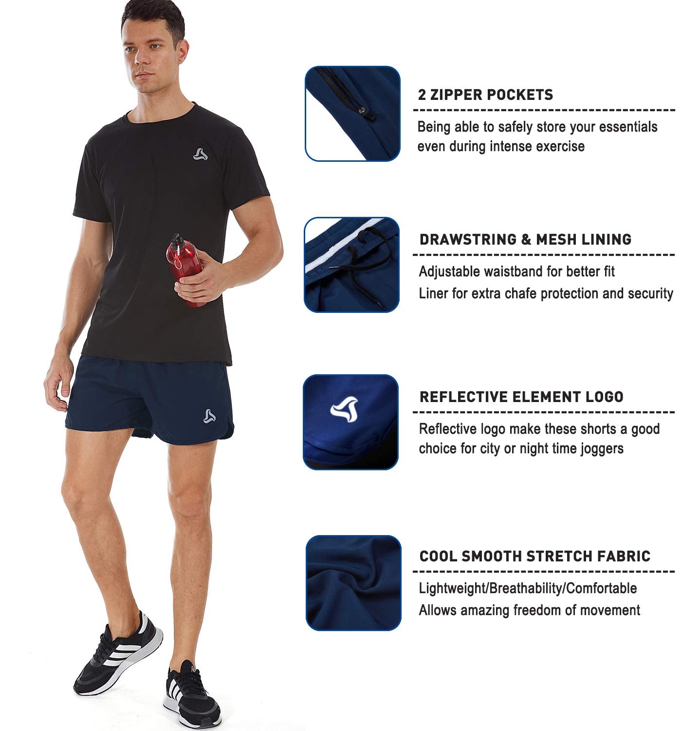 SILKWORLD Men's Running Stretch Quick Dry Shorts with Zipper Pockets, Dark Navy,Dark Grey,LightSeaGreen(Pack of 3)-2new, Large