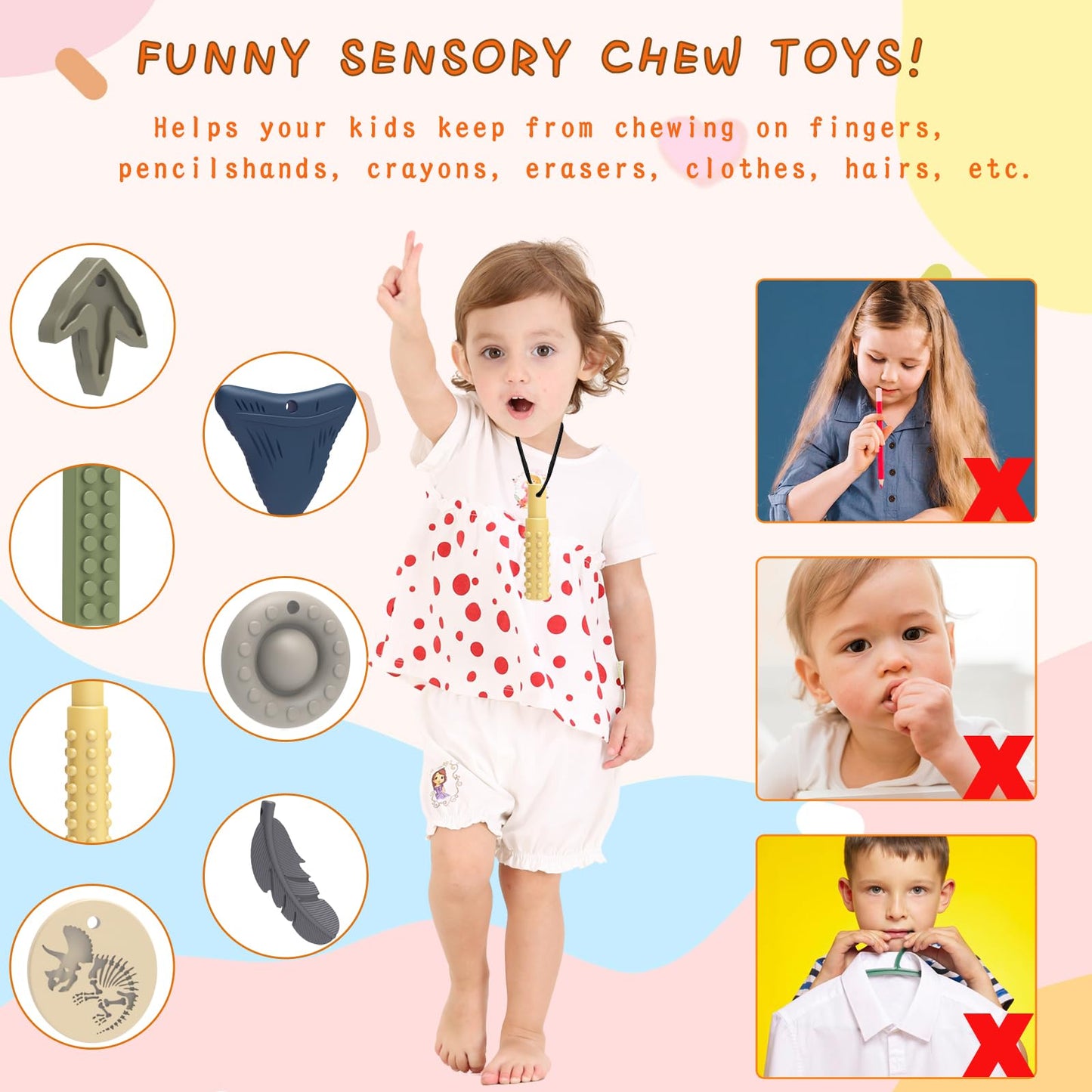 Chew Necklaces for Sensory Kids Teether Autism ADHD Silicone Teething Toys Anxiety Relief to Reduce Fidgeting Stress Oral Fixation 7 Packs