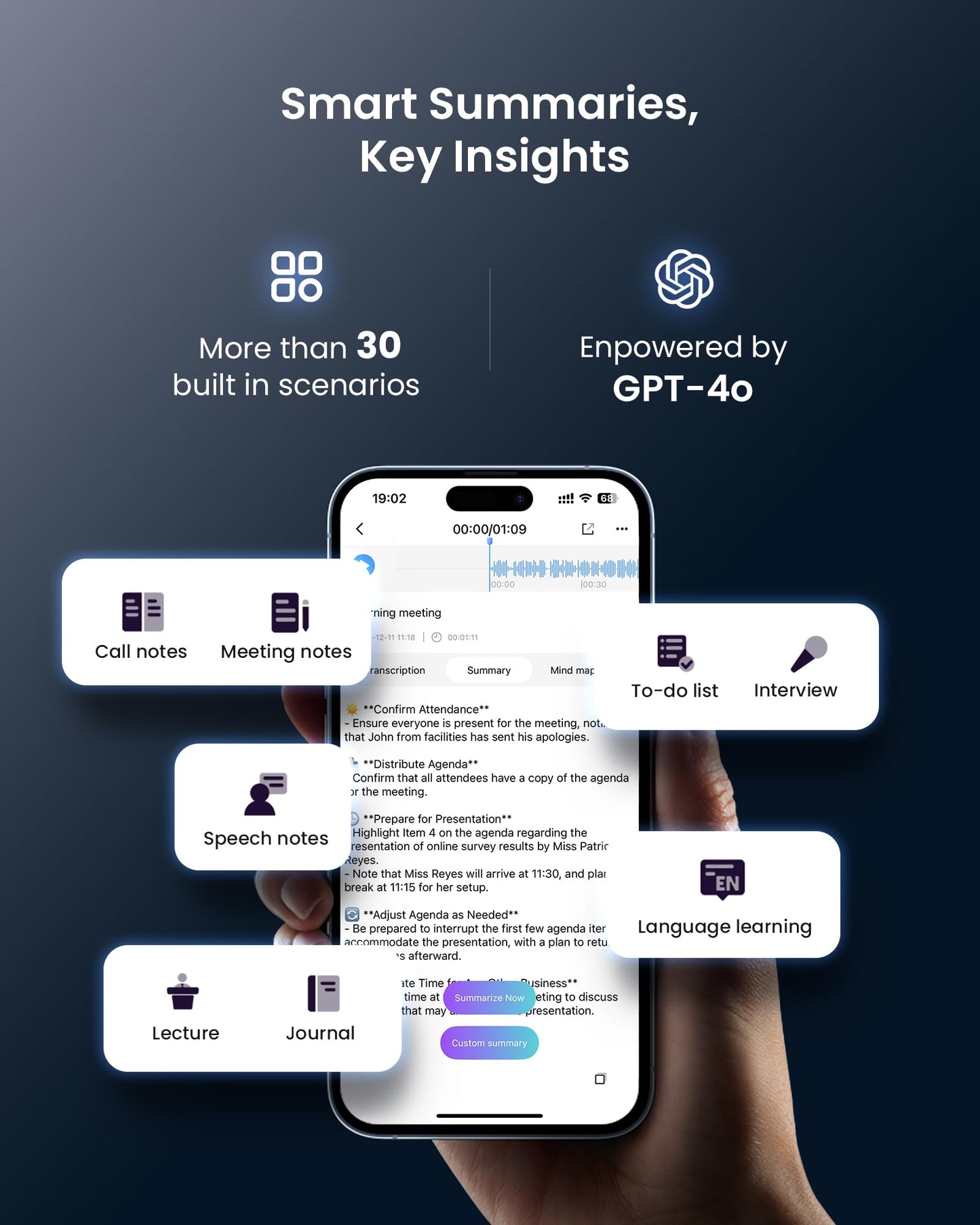 Aungsel AI Voice Recorder, Transcribe & Summarize AI Audio Recorder, Support 121 Languages, 64GB Memory, Wireless Charging, App/Web Control, Digital Recording Device for Lectures, Meetings, Calls
