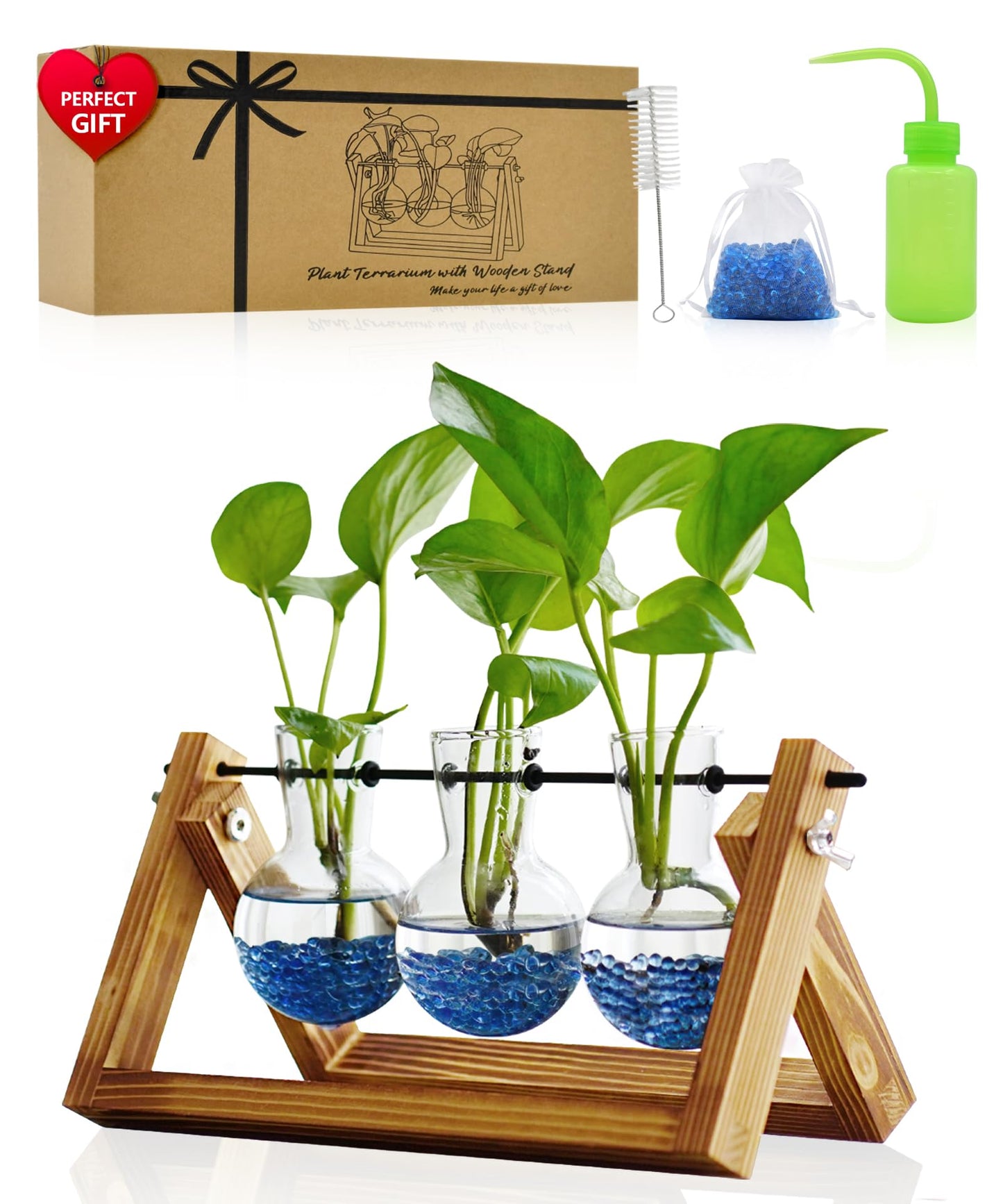 Nacome Plant Terrarium for Office Decor: Wooden Stand Tabletop Planter 3 Bulb Glass Vase Metal Swivel Holder for Hydroponics Indoor Home - Birthday Gifts for Women Mom Grandma