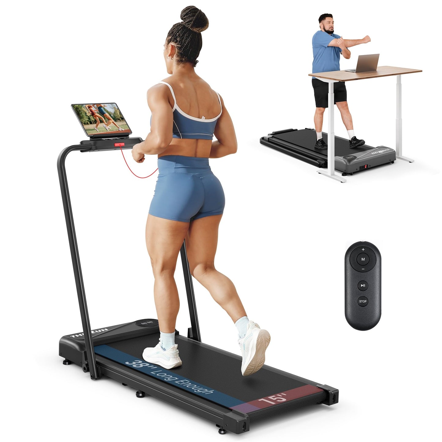 THERUN Walking Pad Treadmill, 2.5 HP Under Desk Treadmills, 2 in 1 Foldable Treadmill for Home, Walking Pad with Handle Bar, 15" Widened Running Belt, with Remote Control & LED Touch Screen