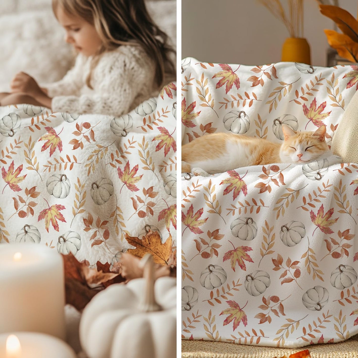 Horaldaily Fall Flannel Blanket Throw, White Pumpkin Orange Leaves Soft Fuzzy Plush Cozy Fleece Blankets for Couch Sofa Bed Lounging, Ideal Gifts for Kids Adults Wife Self, 50x60